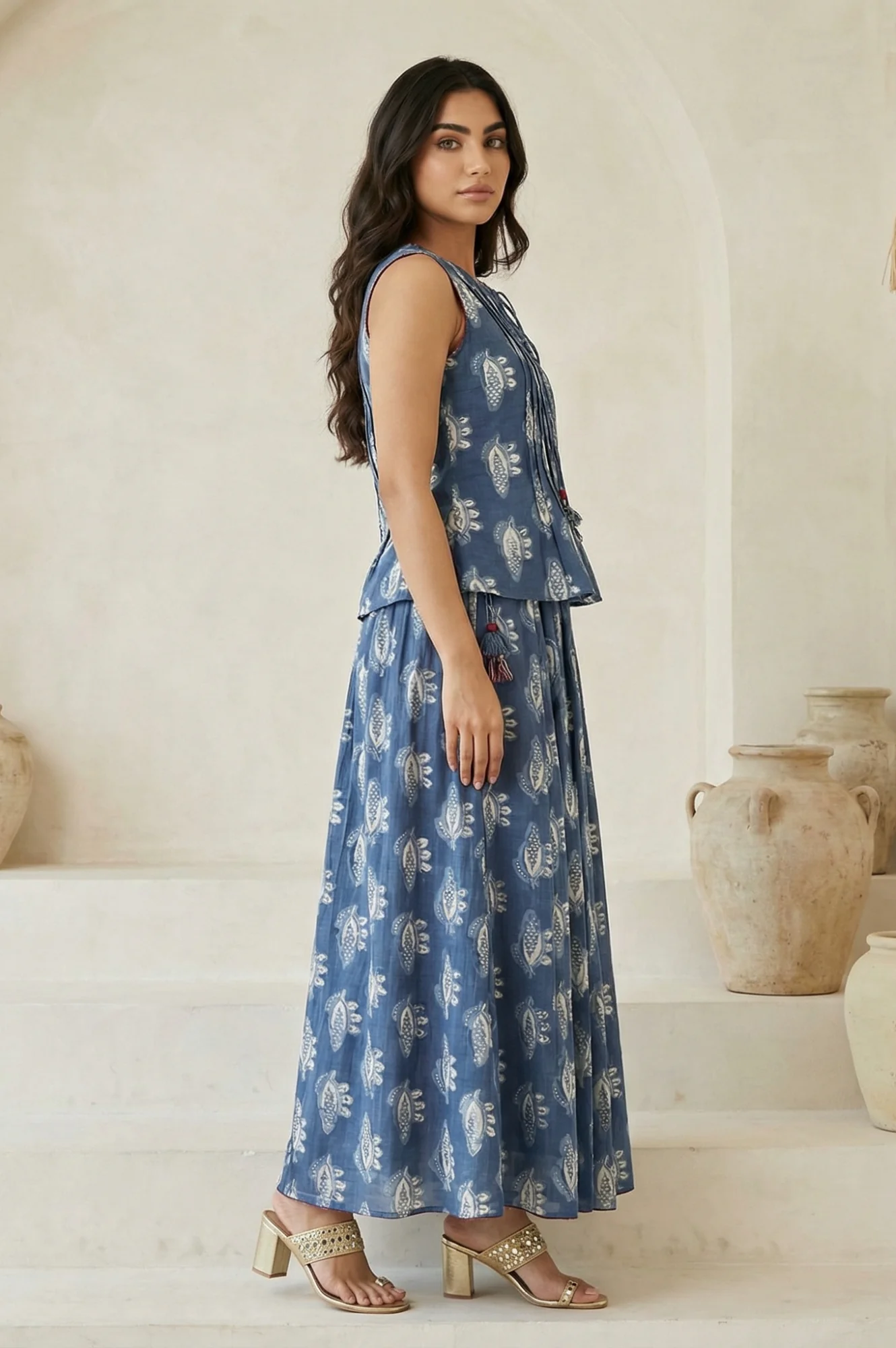 Blue Floral Printed Tassel Pure Cotton Top with Flared Skirt Set - Image 5