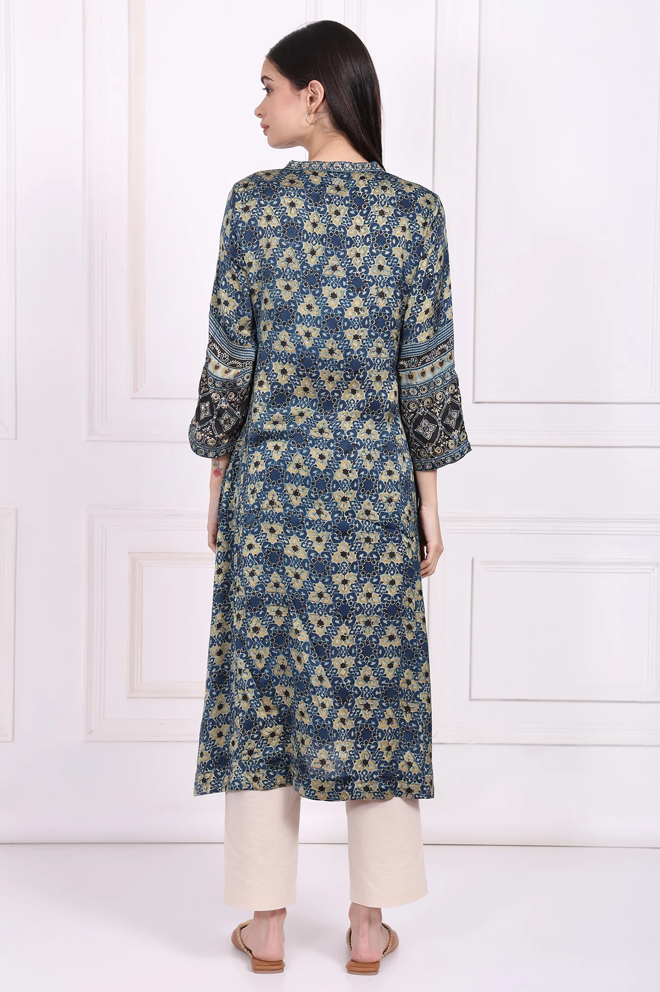 Blue Floral Printed Thread Embroidered Modal Satin Straight Kurta - Image 5