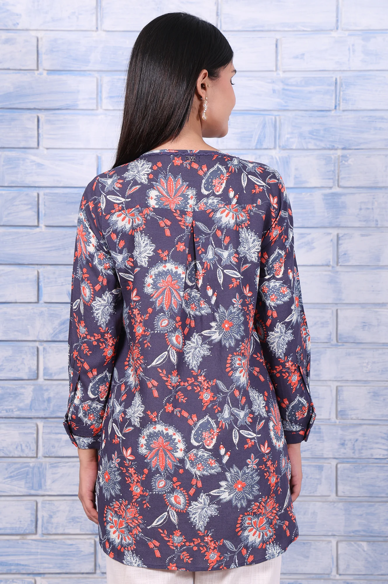 Blue Floral Printed Thread Embroidered Rayon Flax Tops - Image 5