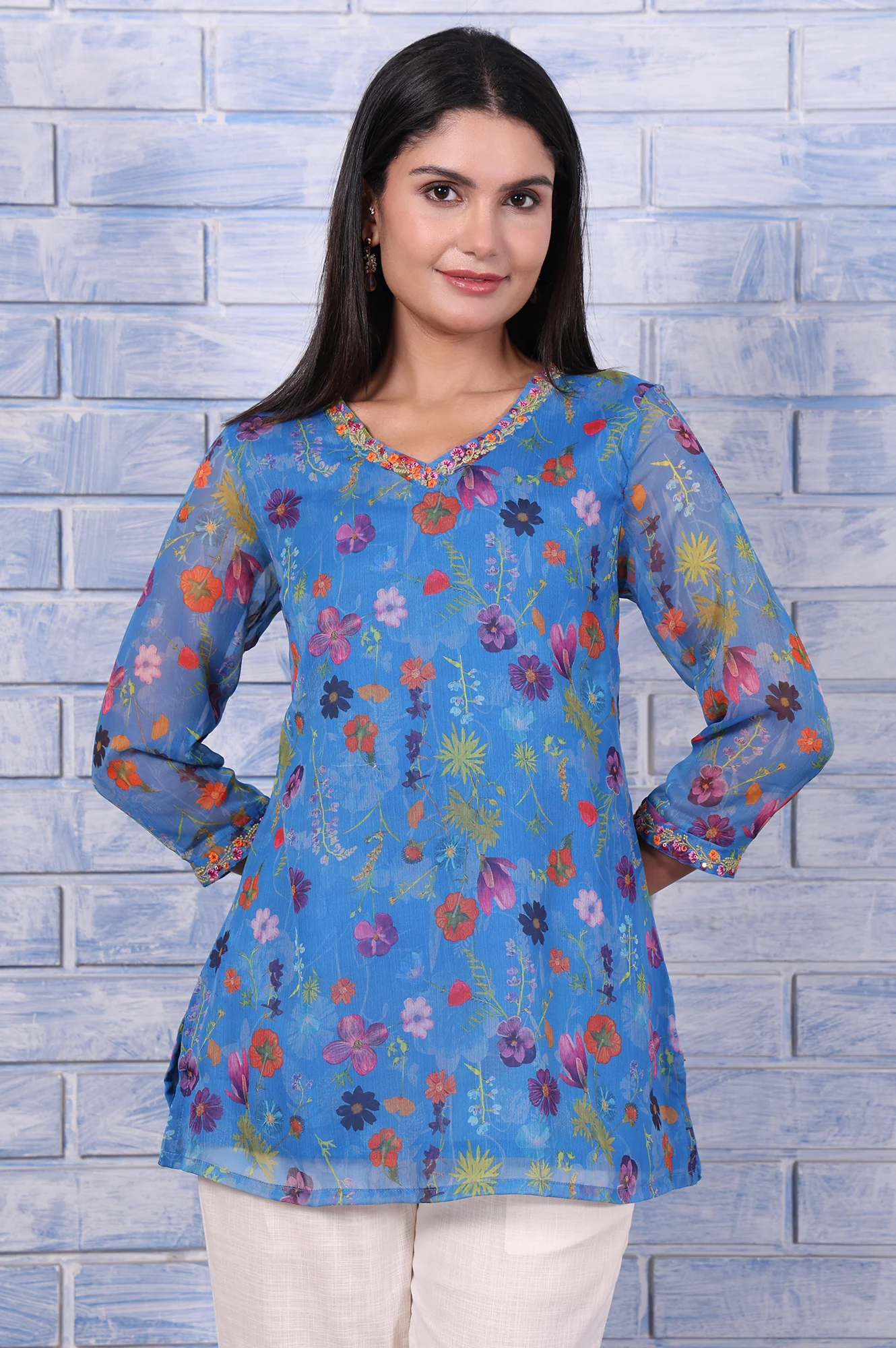 Blue Floral Printed Thread Embroidered Silver Chiffon Tops - Image 2