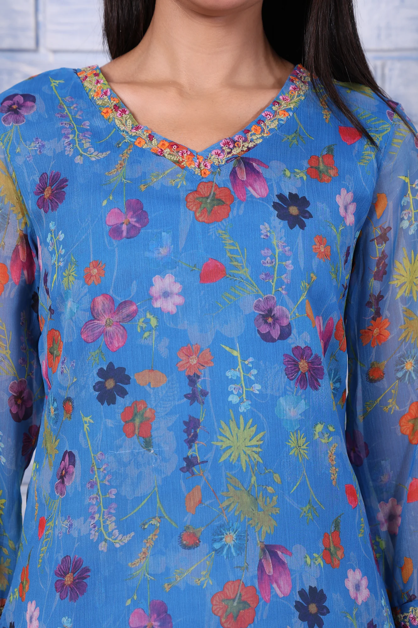 Blue Floral Printed Thread Embroidered Silver Chiffon Tops - Image 3