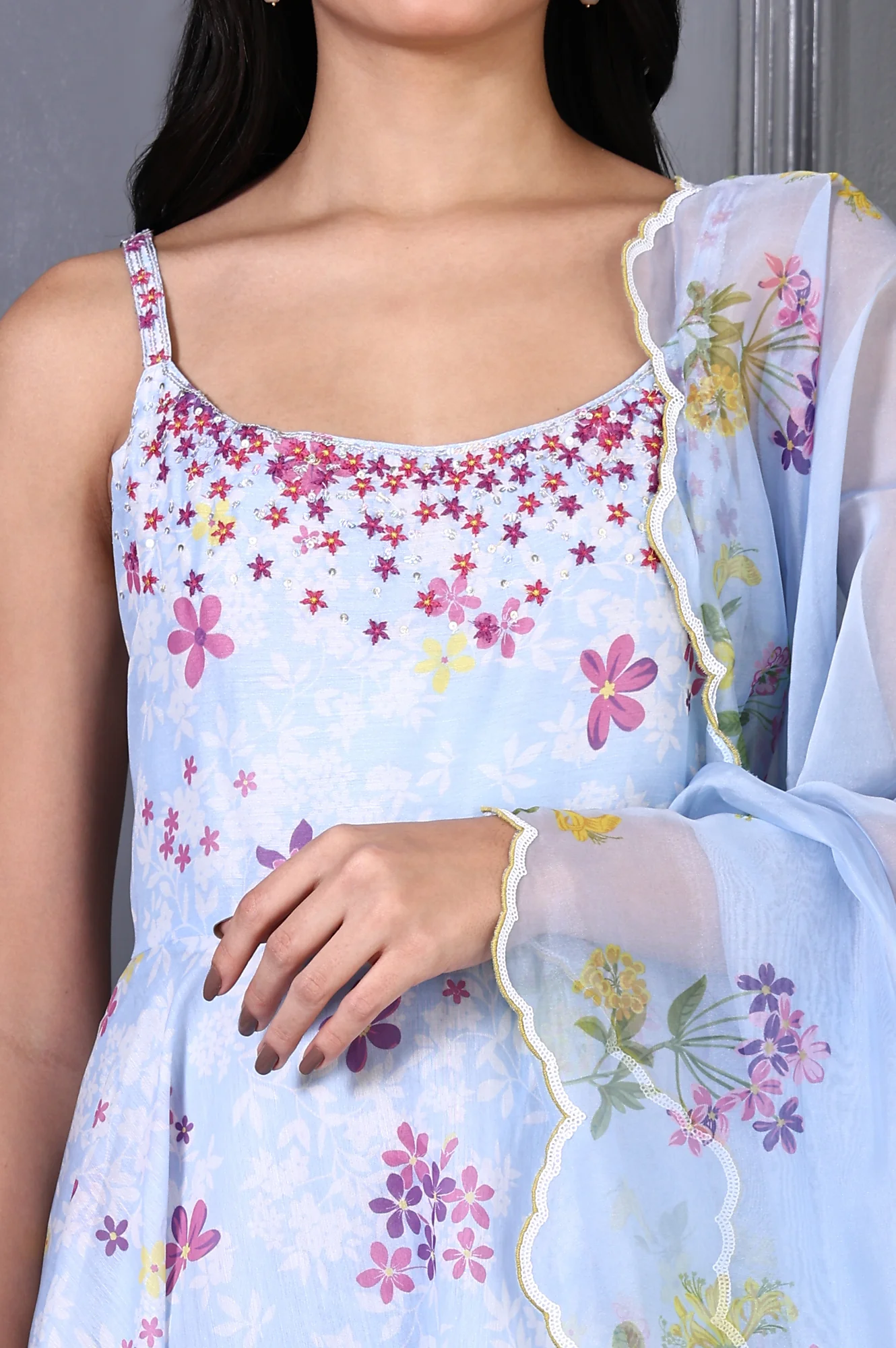 Blue Floral Printed Thread Work Chanderi Flared Dress and Dupatta Set - Image 3