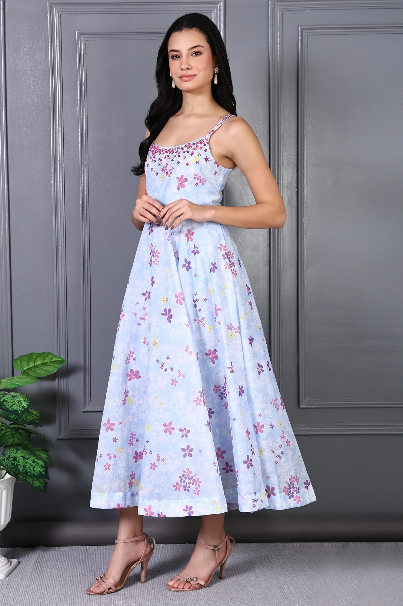 Blue Floral Printed Thread Work Chanderi Flared Dress and Dupatta Set - Image 4
