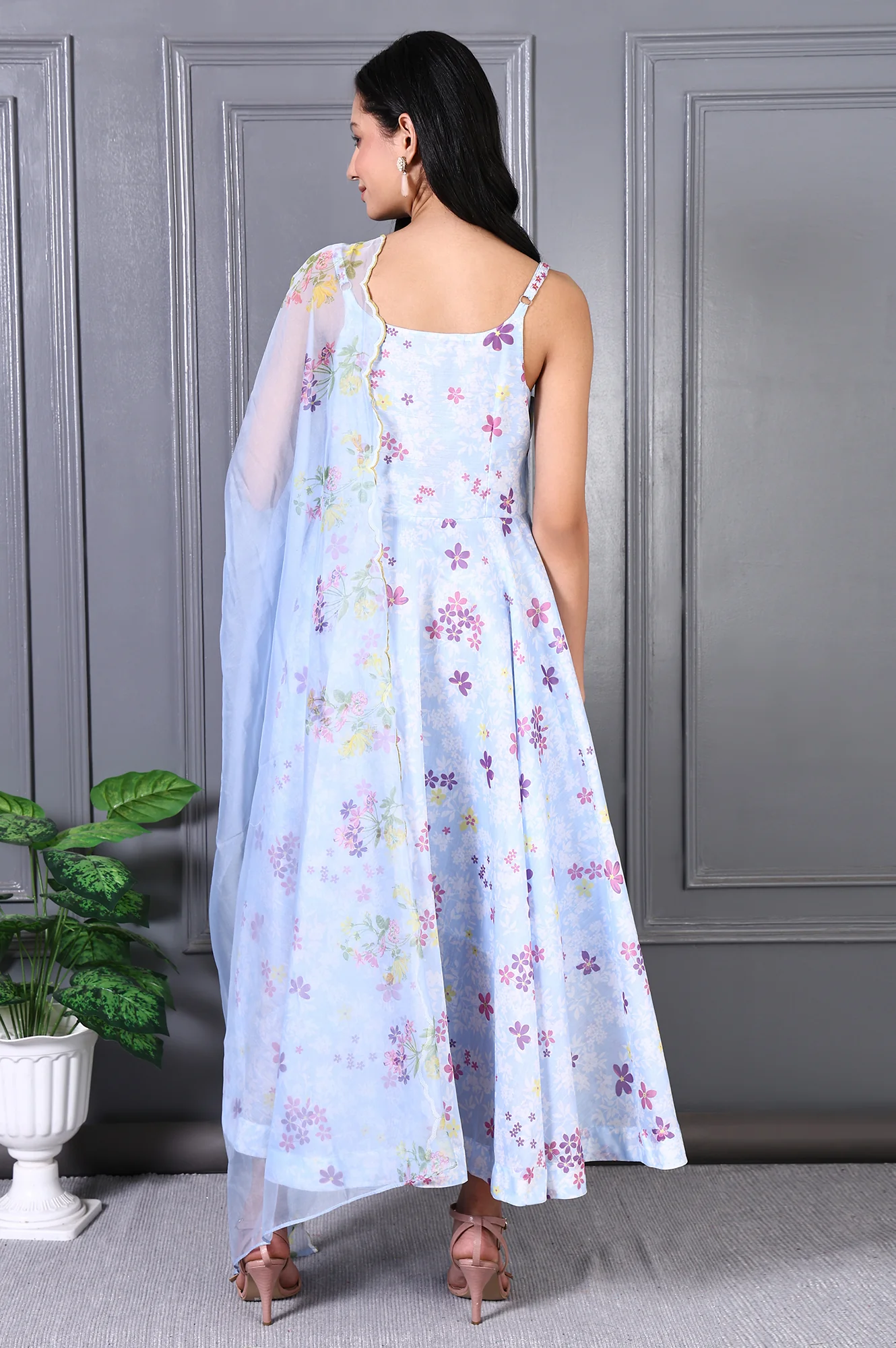 Blue Floral Printed Thread Work Chanderi Flared Dress and Dupatta Set - Image 5