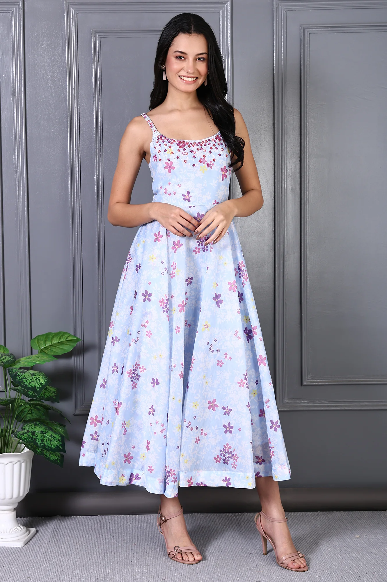 Blue Floral Printed Thread Work Chanderi Flared Dress and Dupatta Set - Image 6