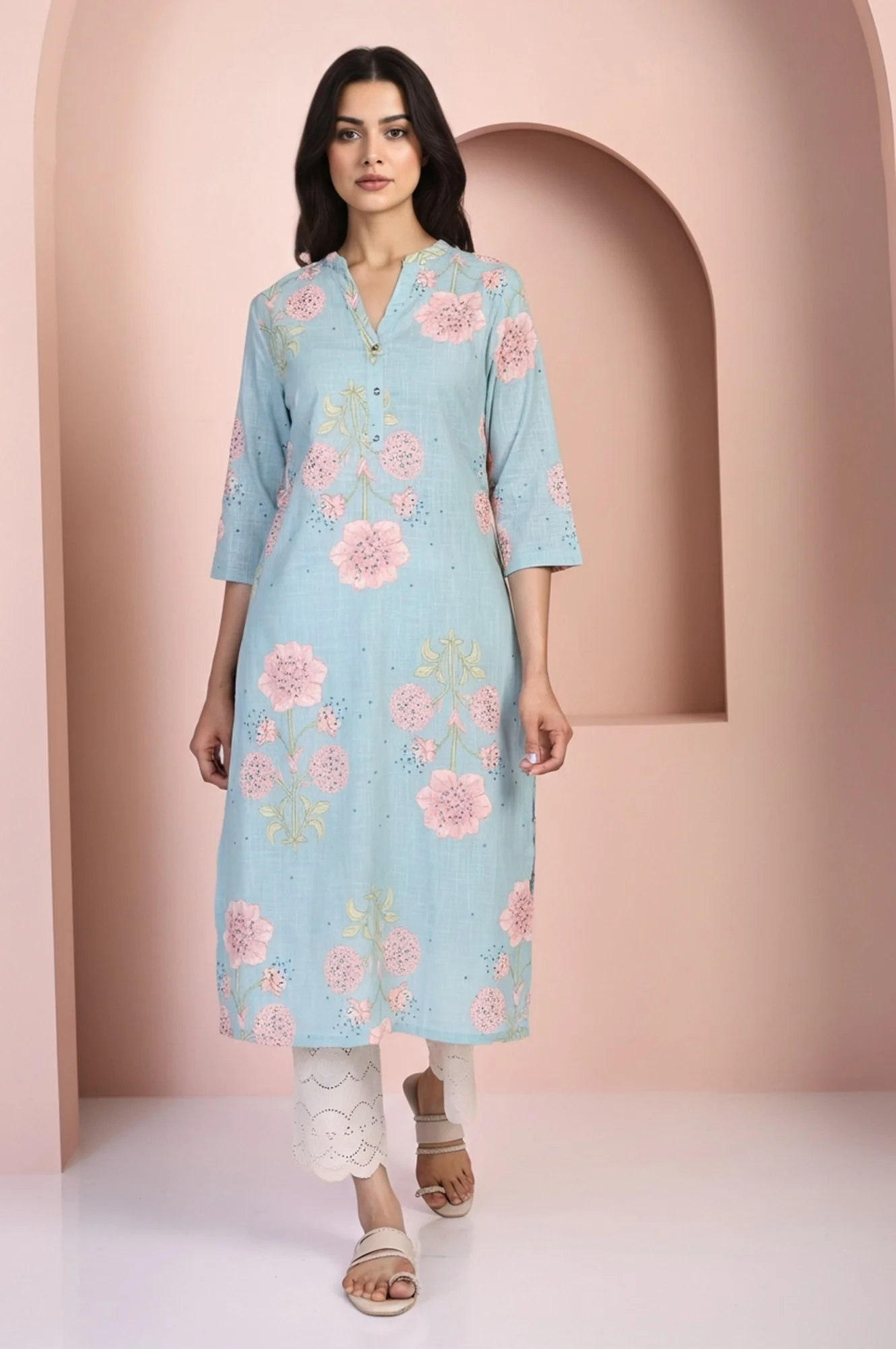 Blue Floral Printed Thread Work Straight Rayon Kurta - Image 2
