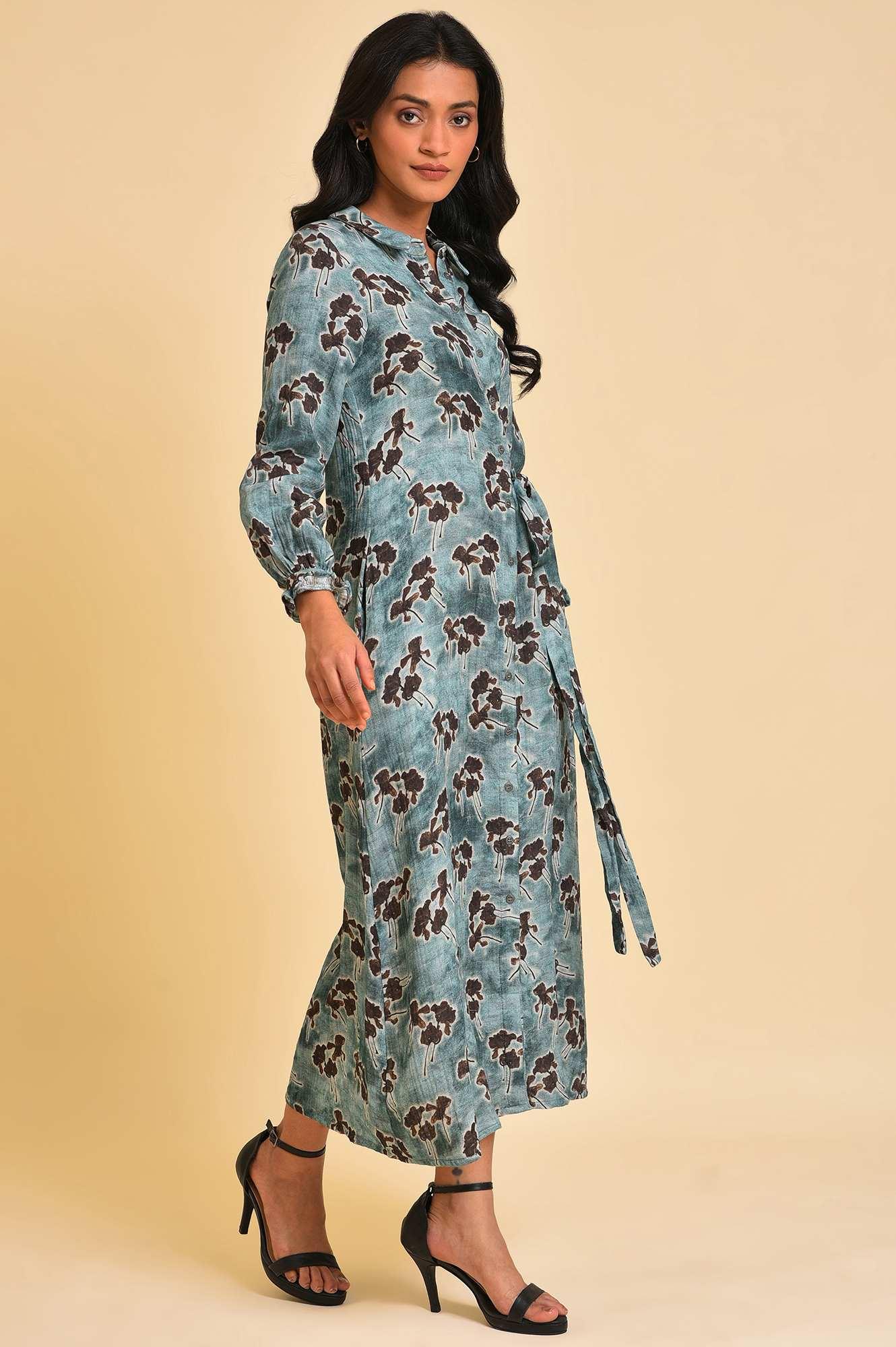 Blue Floral Printed Western Full Length Dress - Image 4