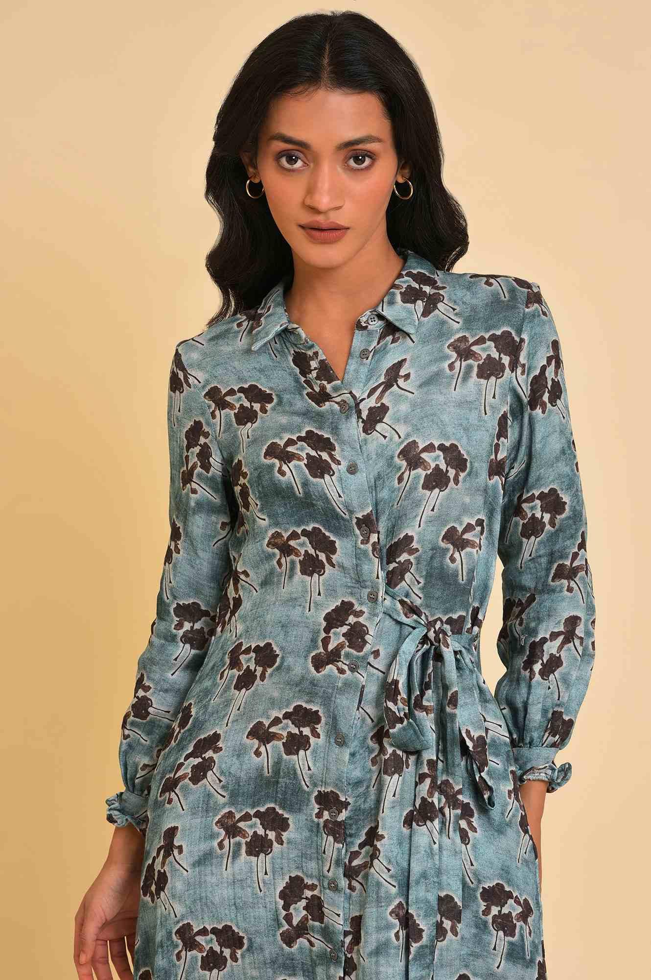 Blue Floral Printed Western Full Length Dress - Image 5