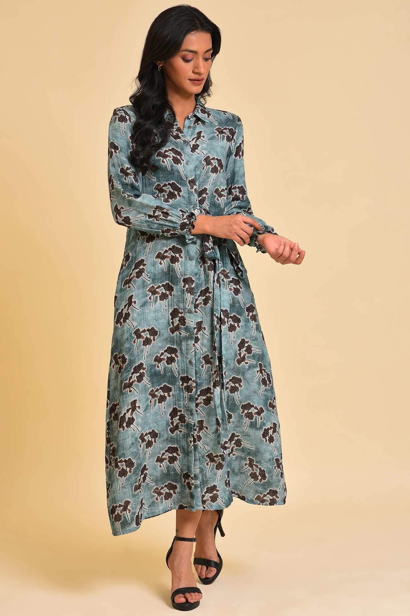 Blue Floral Printed Western Full Length Dress - Image 6