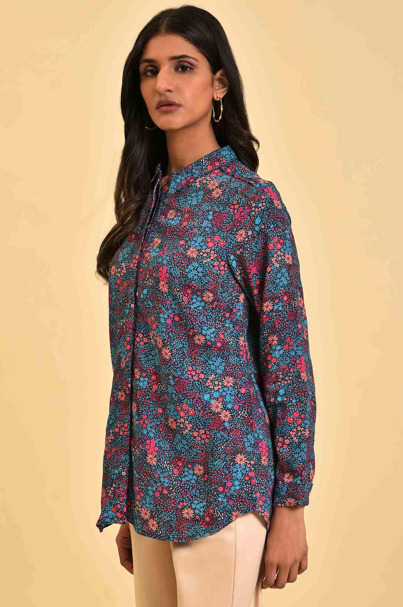 Blue Floral Printed Women Shirt - Image 3