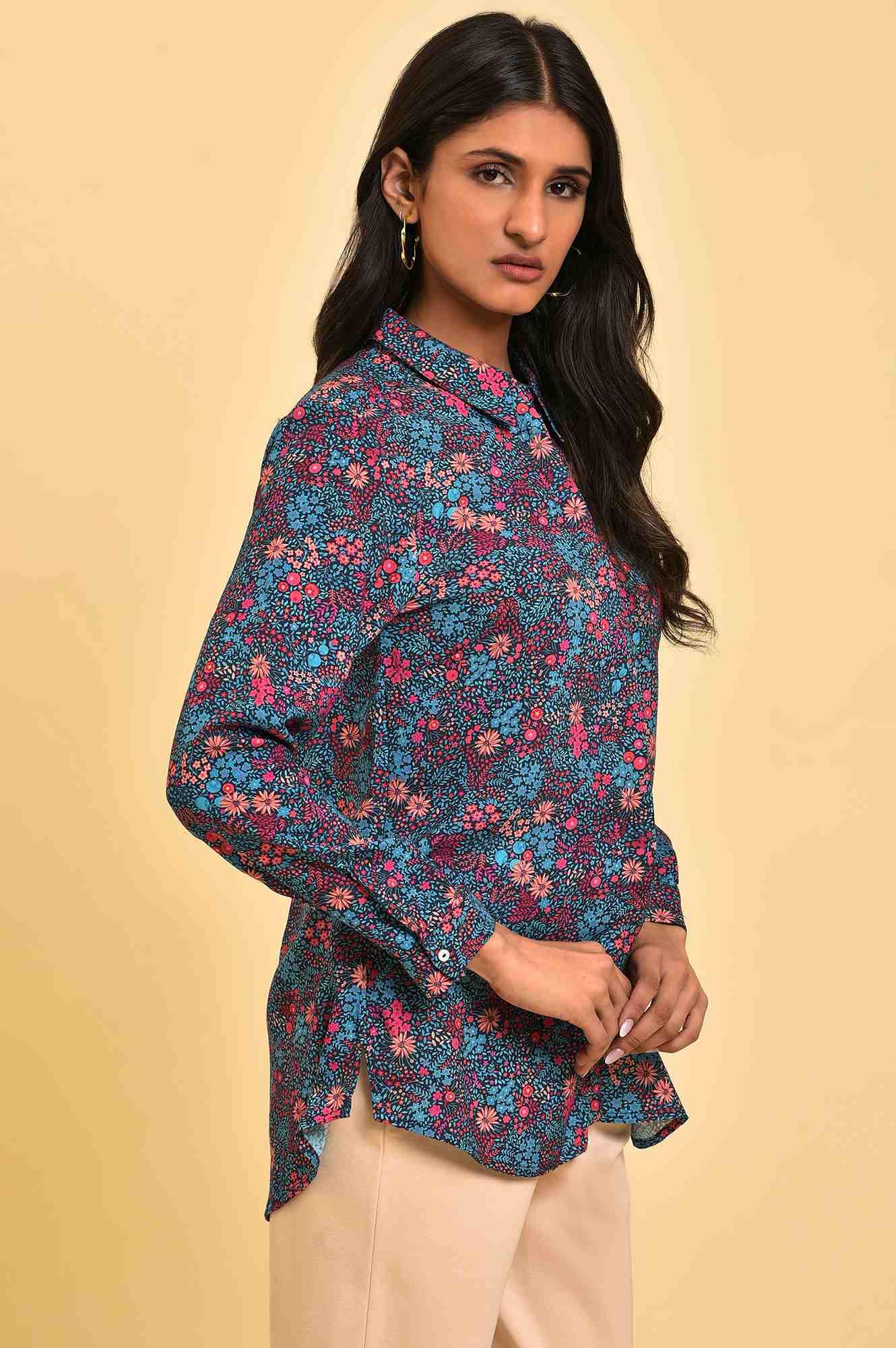 Blue Floral Printed Women Shirt - Image 4