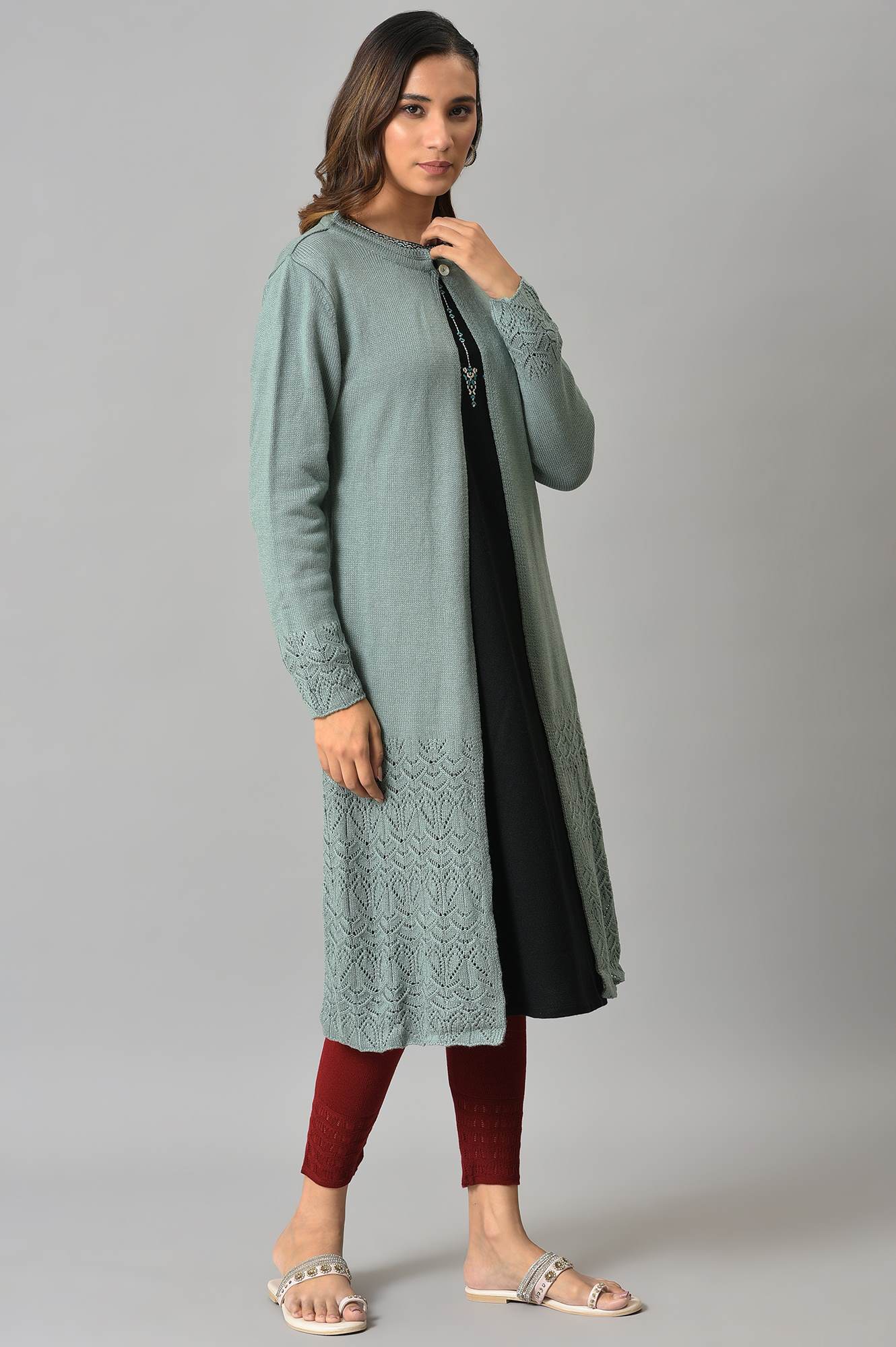 Blue Front Open Self Knitted Women Cardigan - Image 4