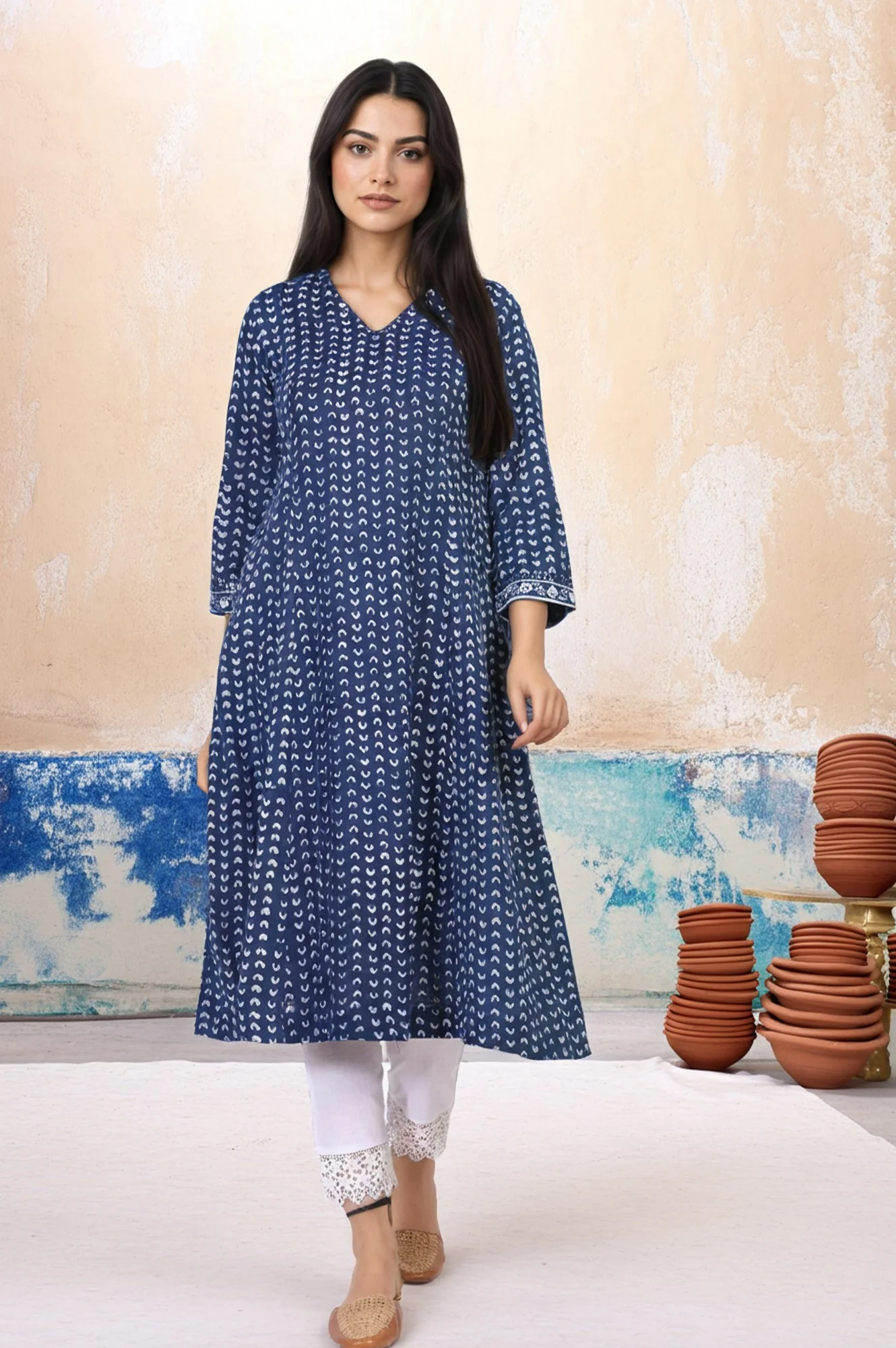 Blue Geometric Dabu Printed Mirror Work A-Line Cotton Kurta - Image 2