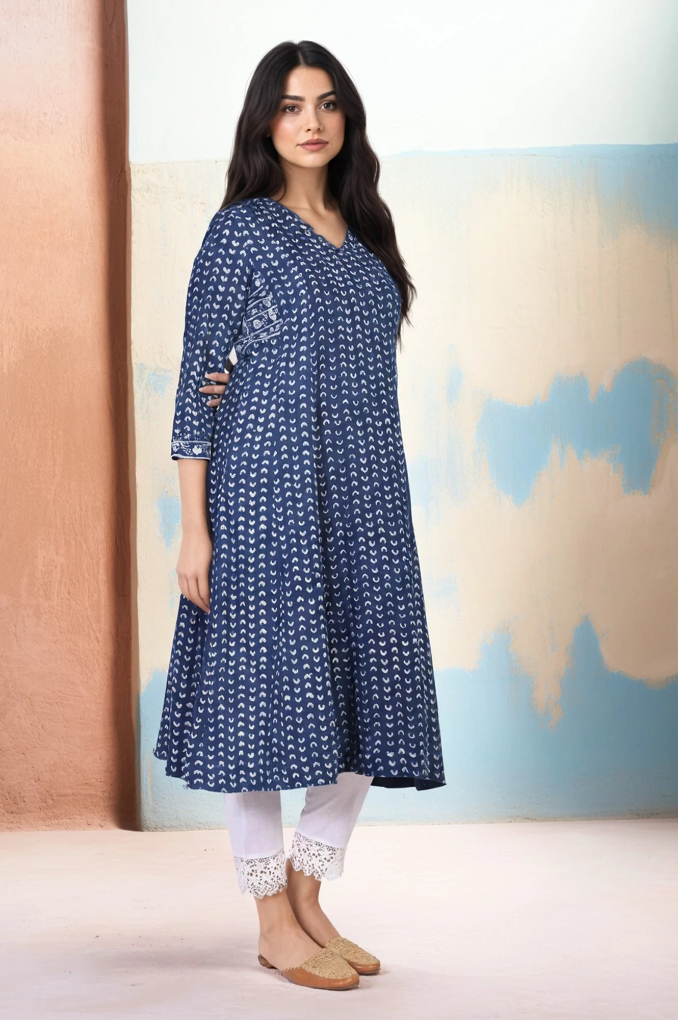 Blue Geometric Dabu Printed Mirror Work A-Line Cotton Kurta - Image 4