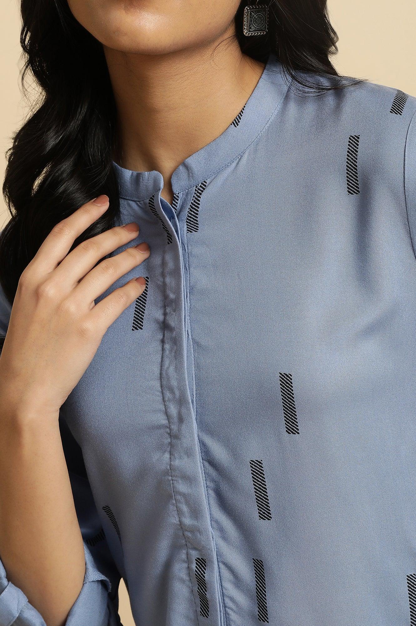 Blue Geometric Print Mandarin Collar Top - Image 7