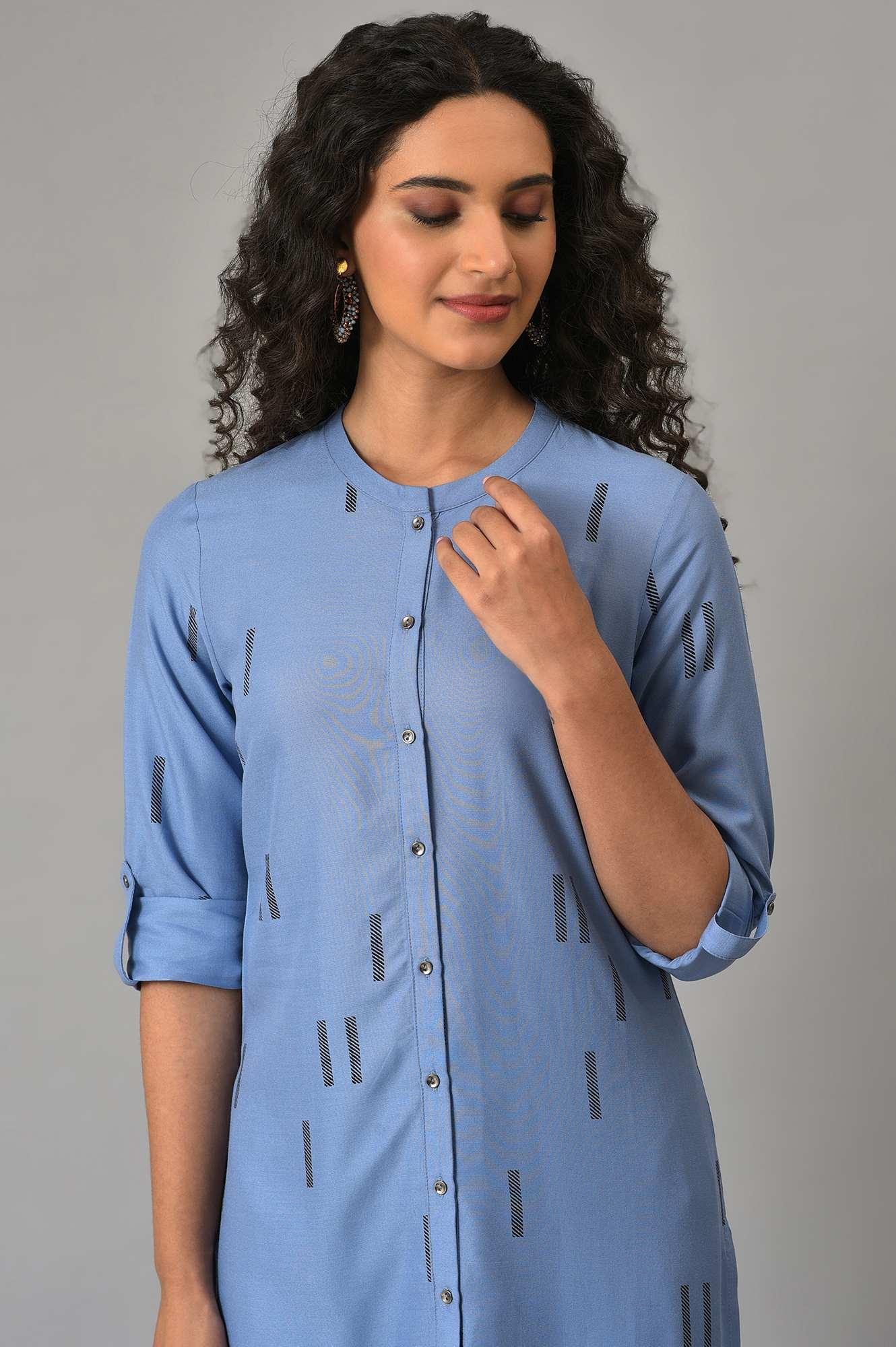 Blue Geometric Print Plus Size Shirt kurta - Image 5