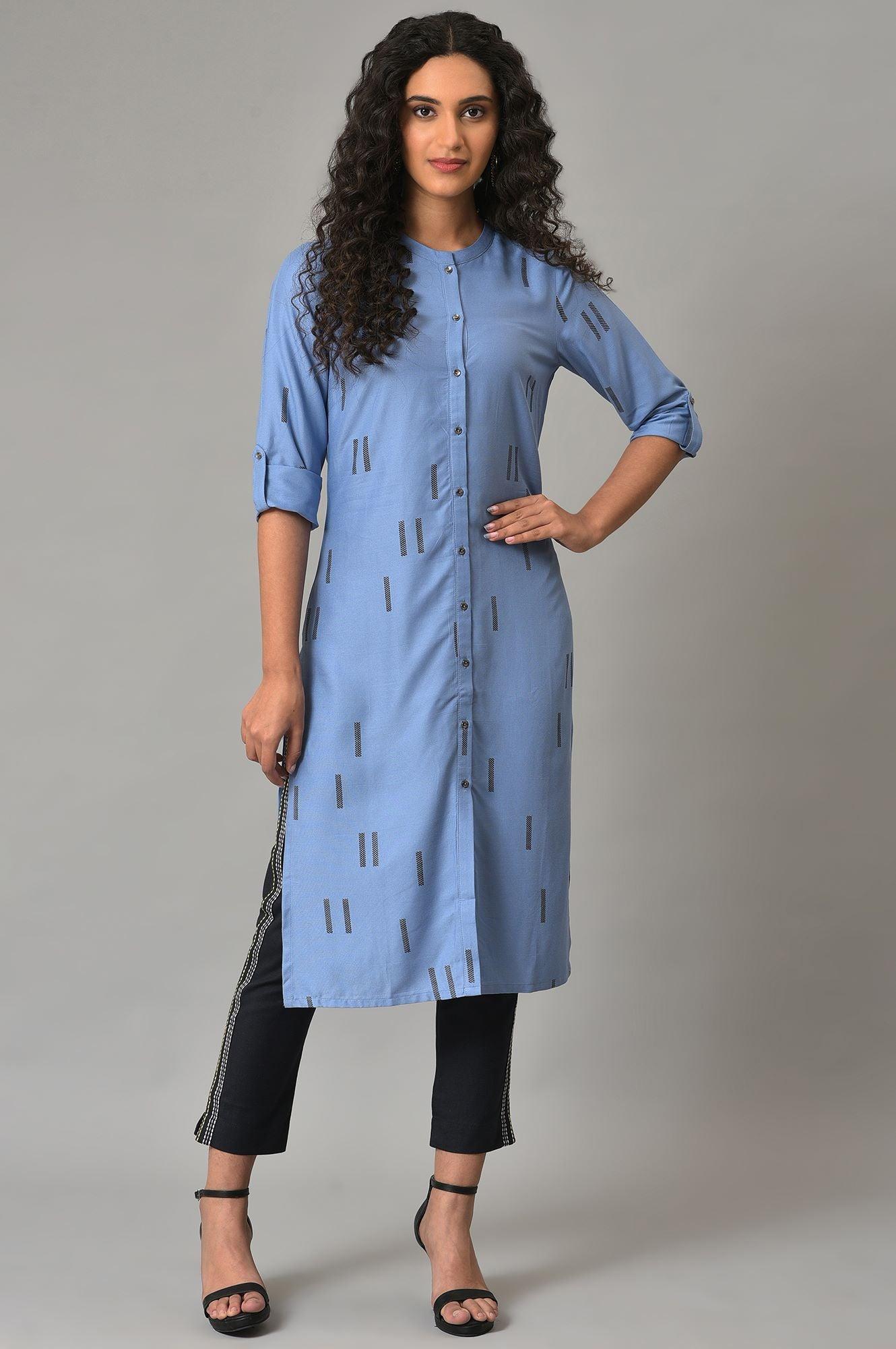 Blue Geometric Print Plus Size Shirt kurta - Image 6