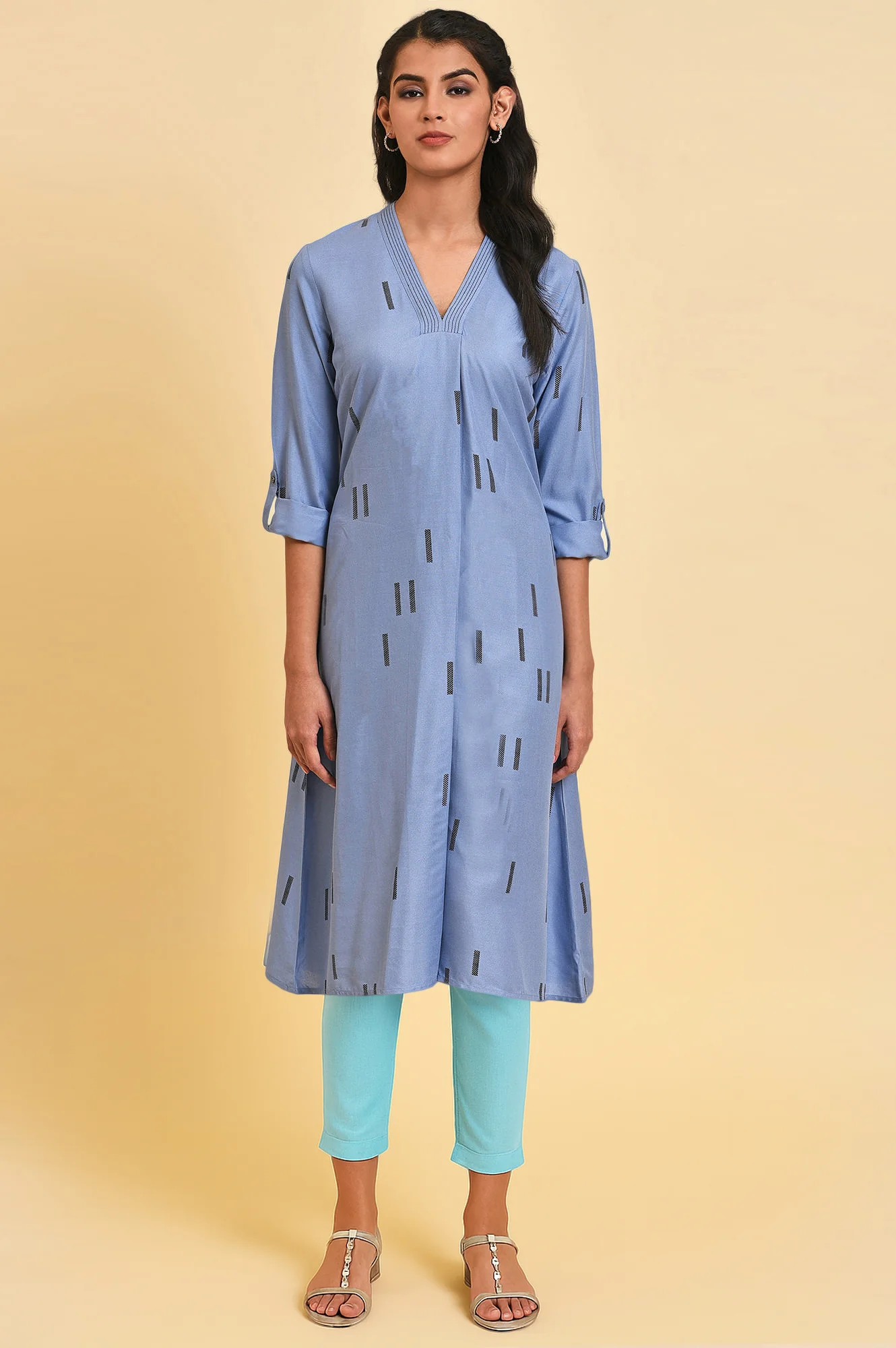 Blue Geometric Printed Rayon A-Line Kurta and Slim Pant Set