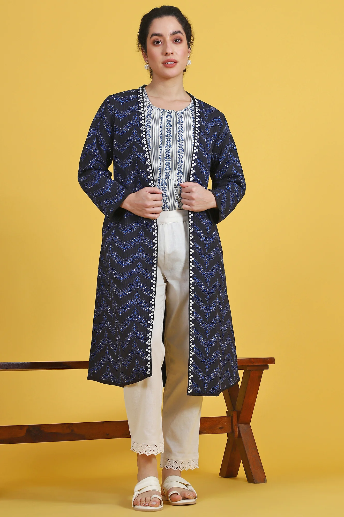 Blue Geometric Printed Rayon Straight Coat