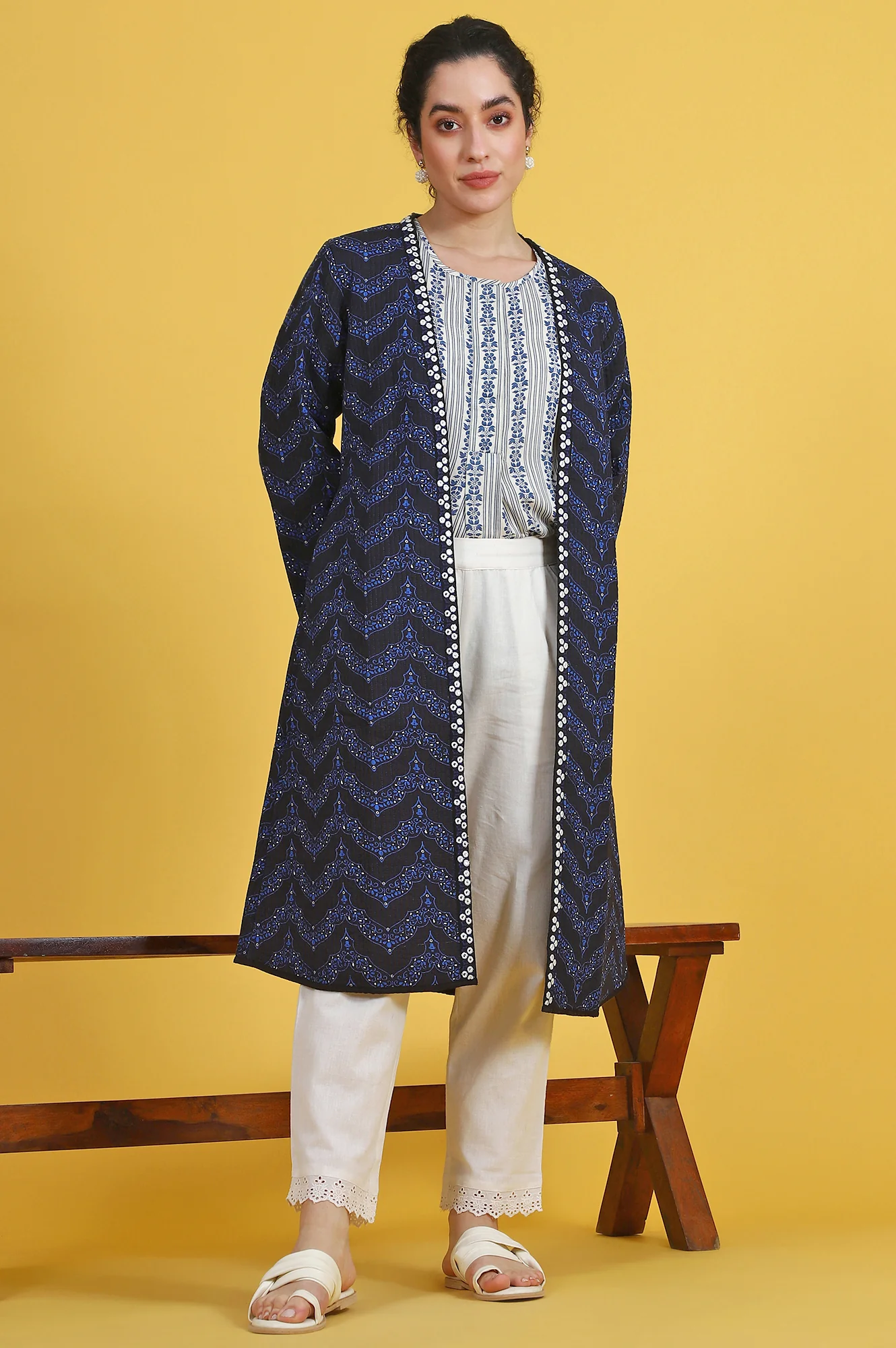 Blue Geometric Printed Rayon Straight Coat - Image 2