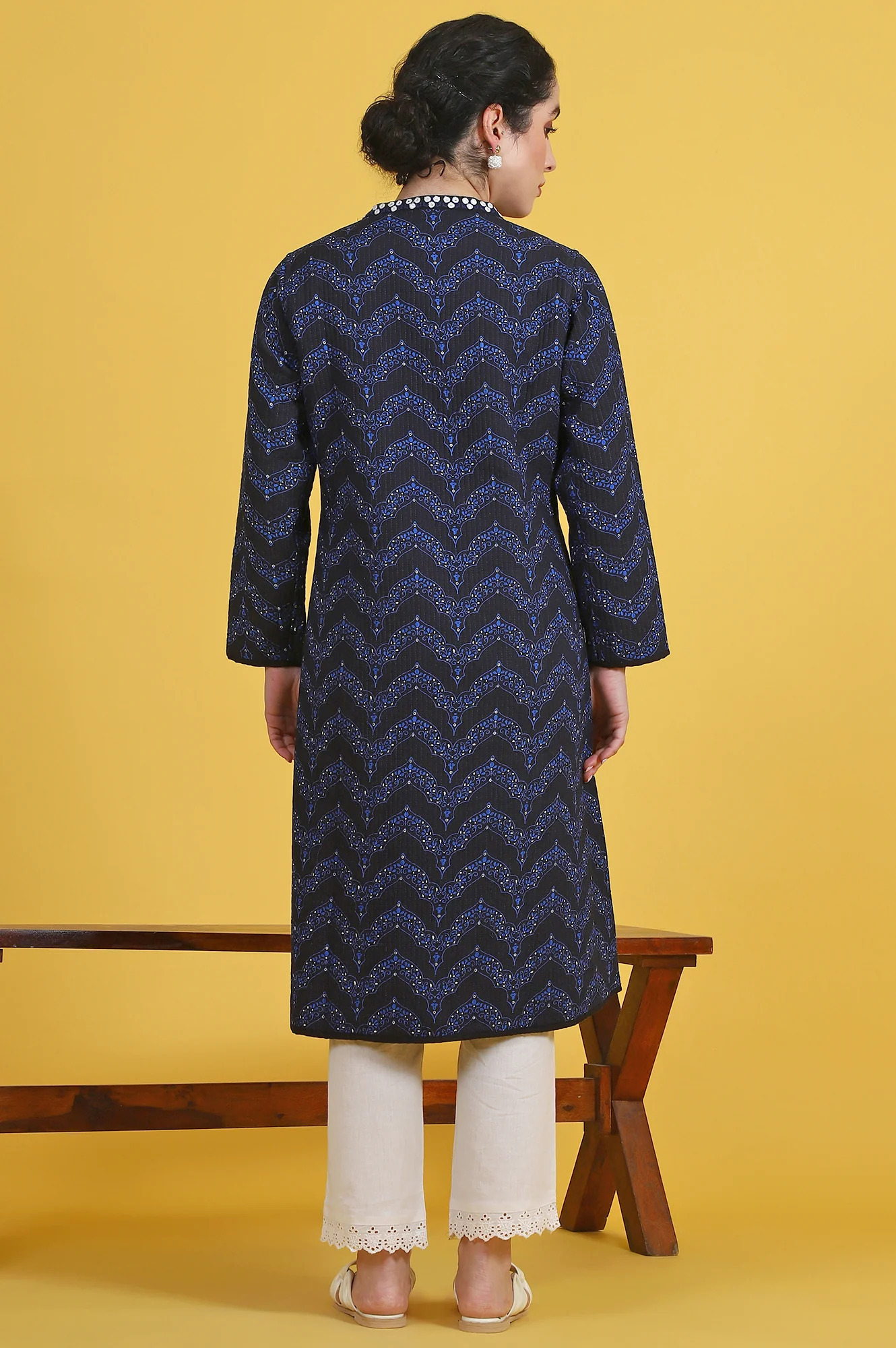 Blue Geometric Printed Rayon Straight Coat - Image 5