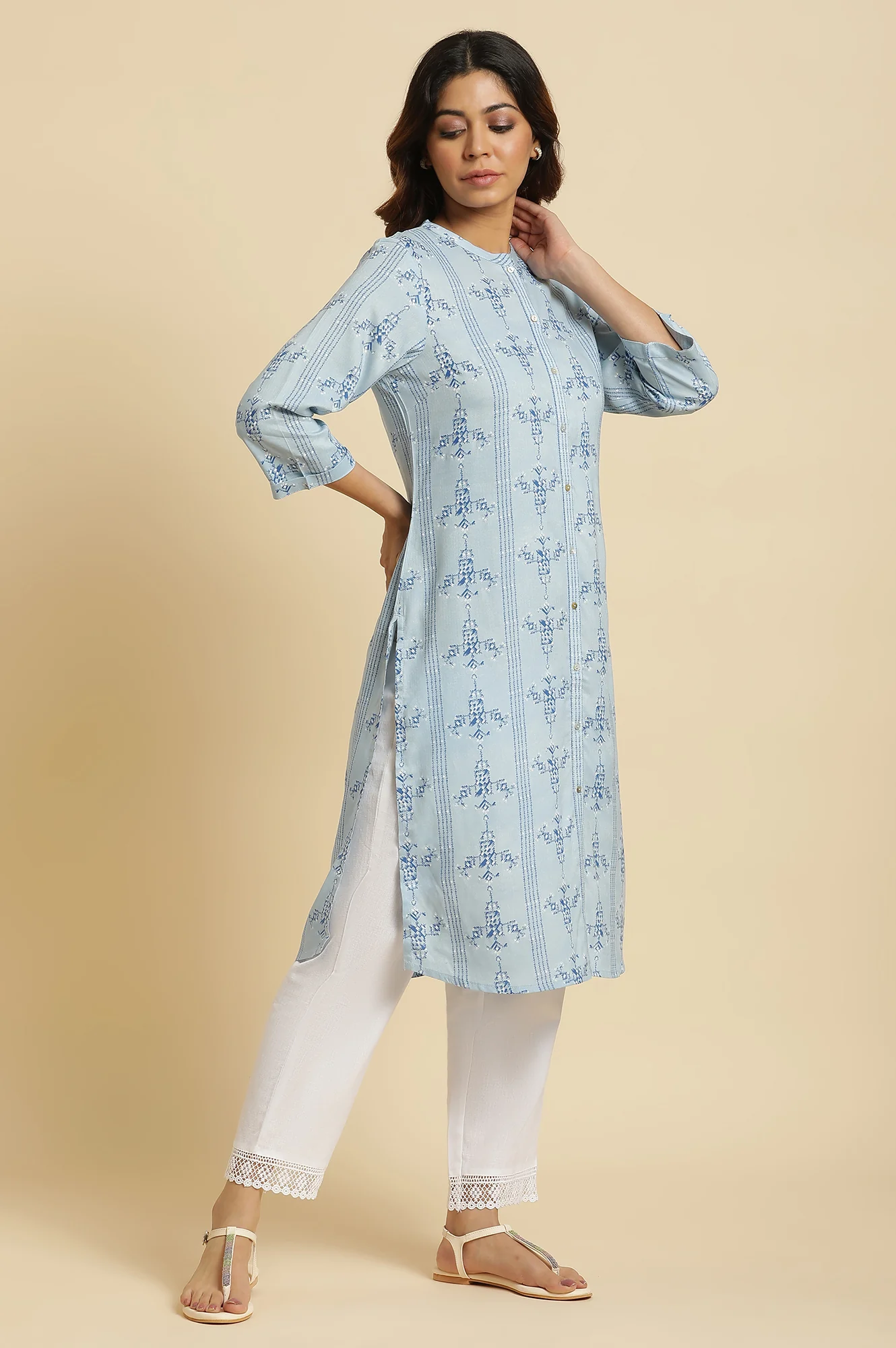 Blue Geometric Printed Shirt Kurta - Image 5