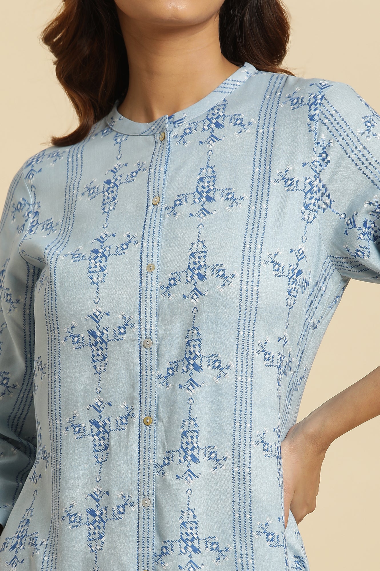 Blue Geometric Printed Shirt Kurta - Image 6