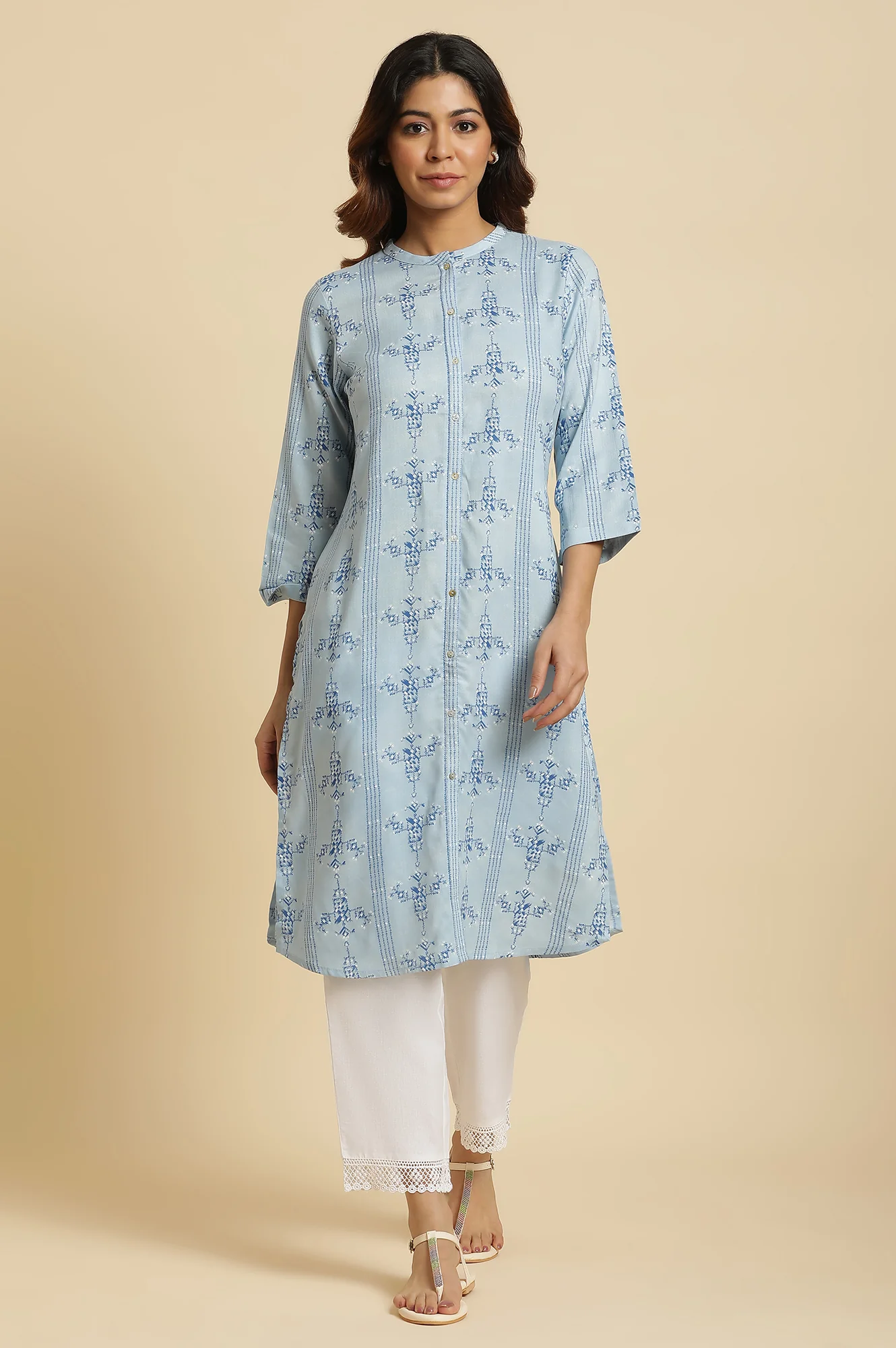 Blue Geometric Straight Woven Kurta - Image 2