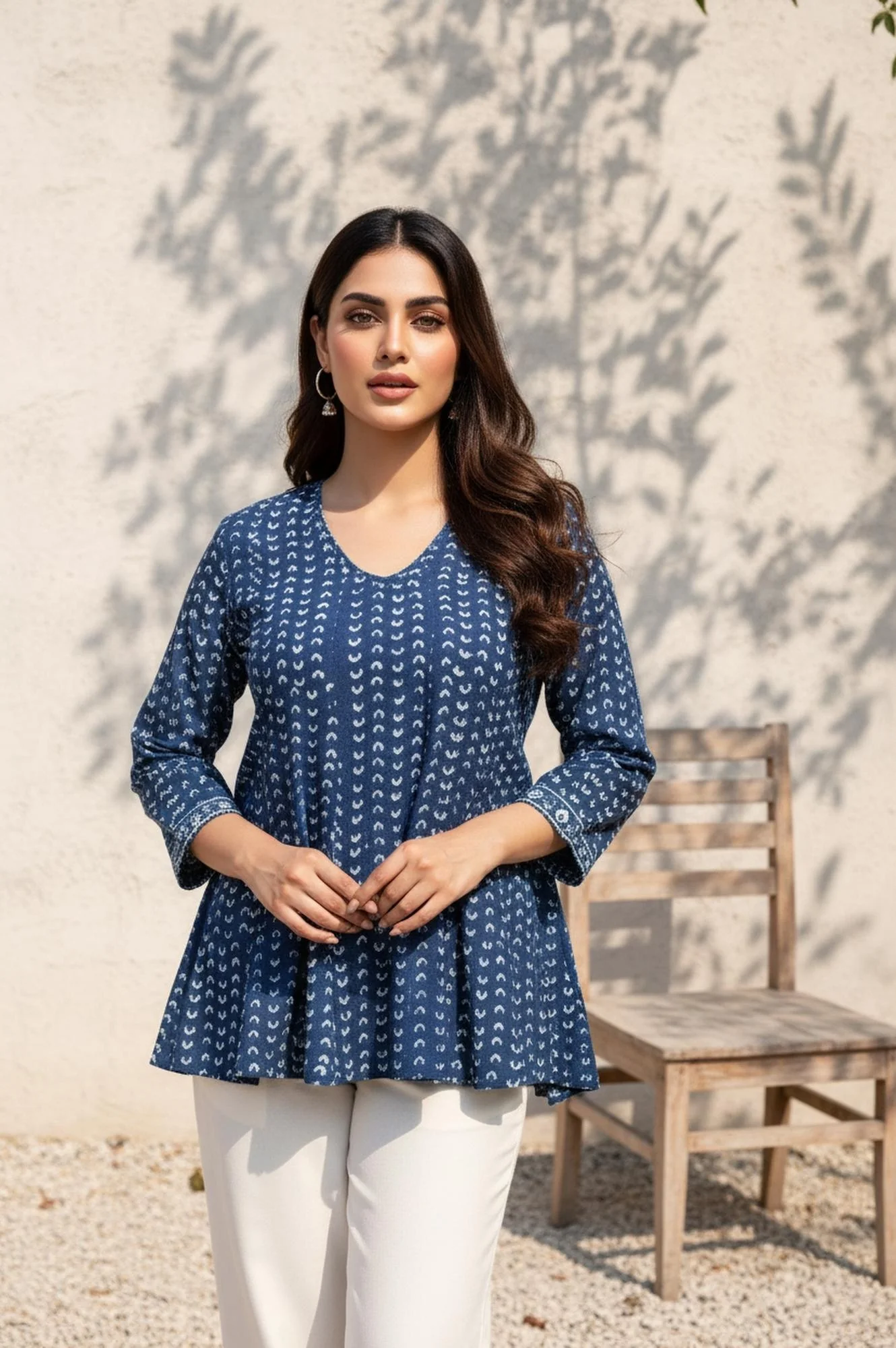 Blue Geometric Thread Work Flared Cotton Top - Image 2