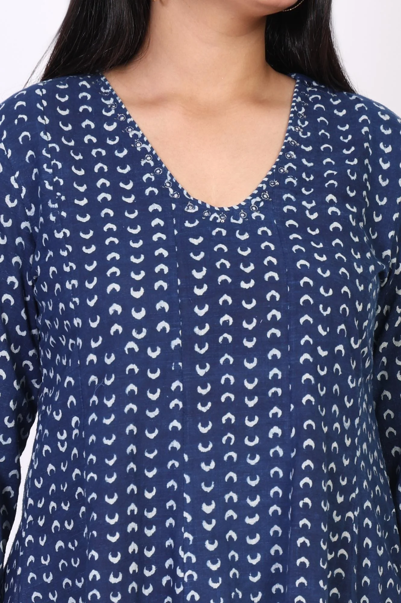 Blue Geometric Thread Work Flared Cotton Top - Image 3