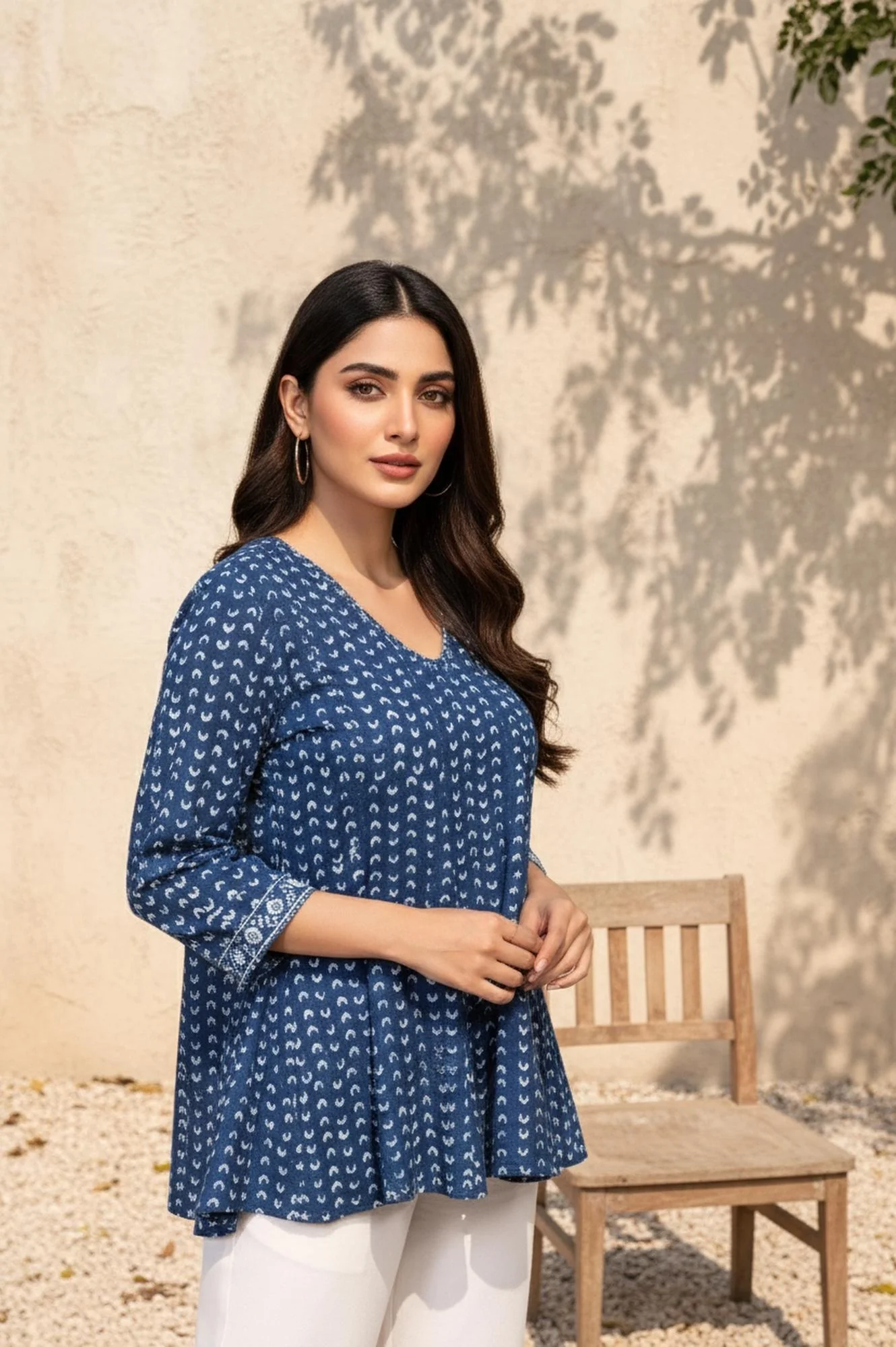 Blue Geometric Thread Work Flared Cotton Top - Image 4