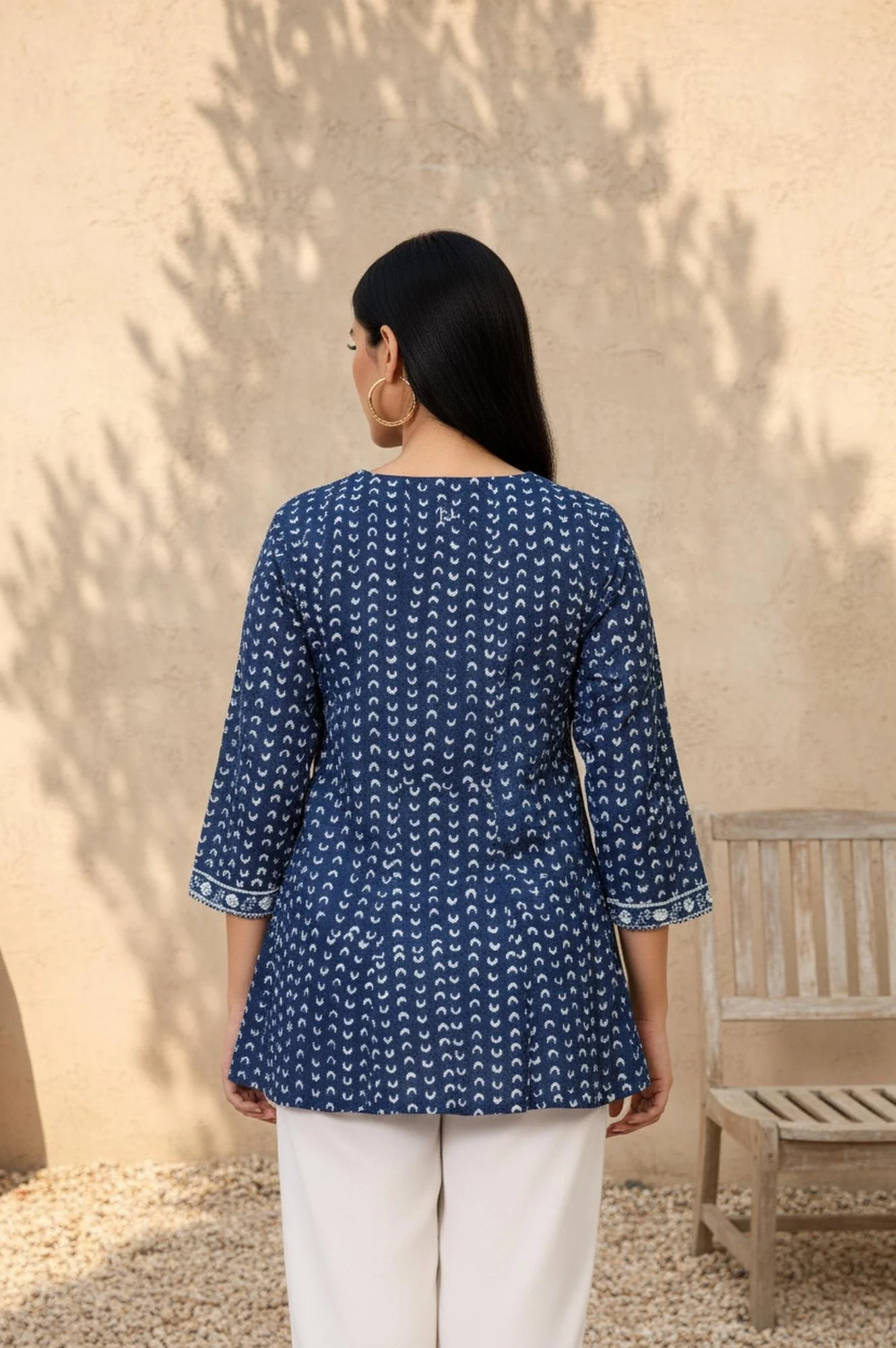 Blue Geometric Thread Work Flared Cotton Top - Image 5