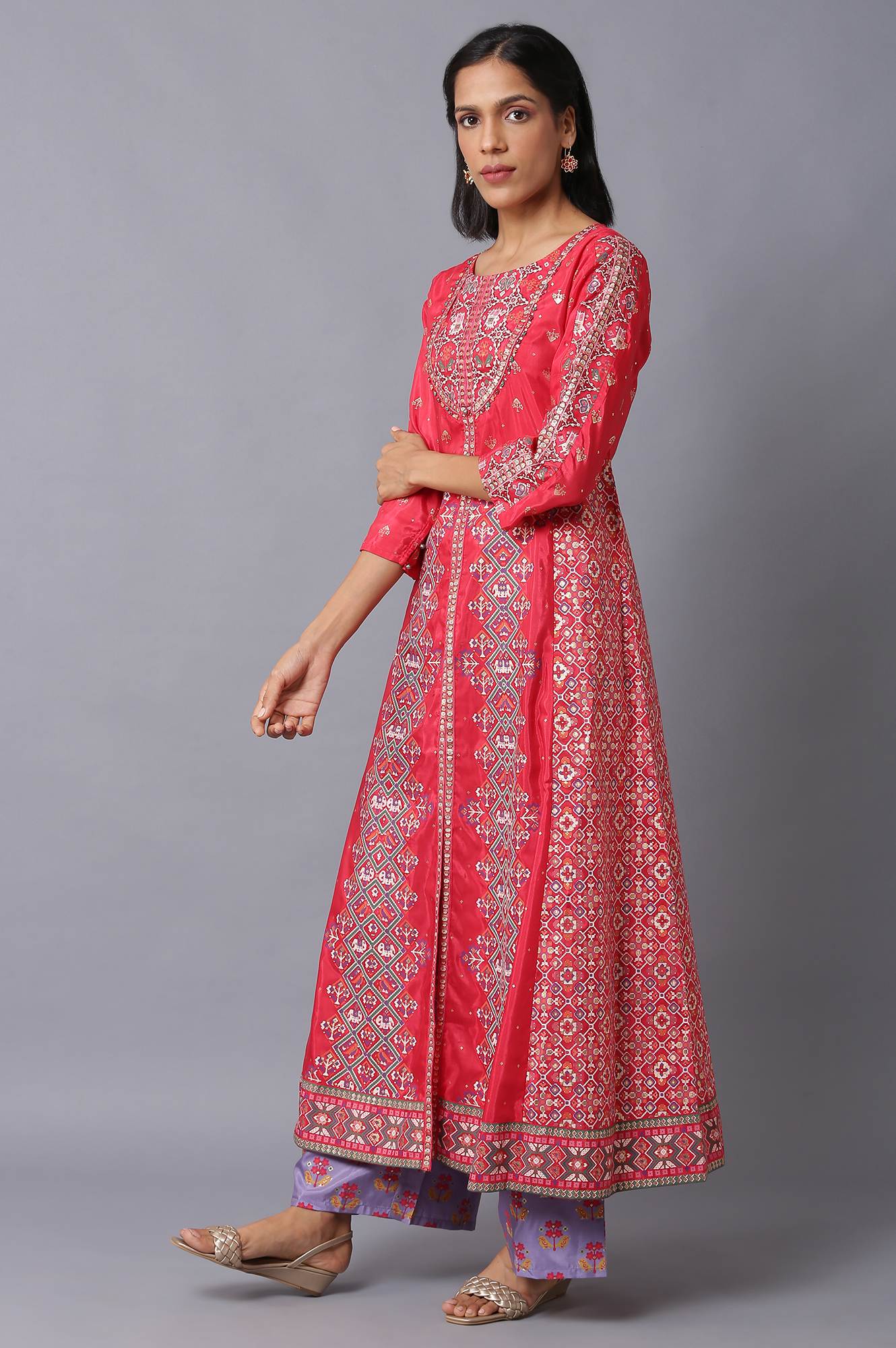 Blue Glitter Printed A-Line kurta With Slim Pants - Image 3