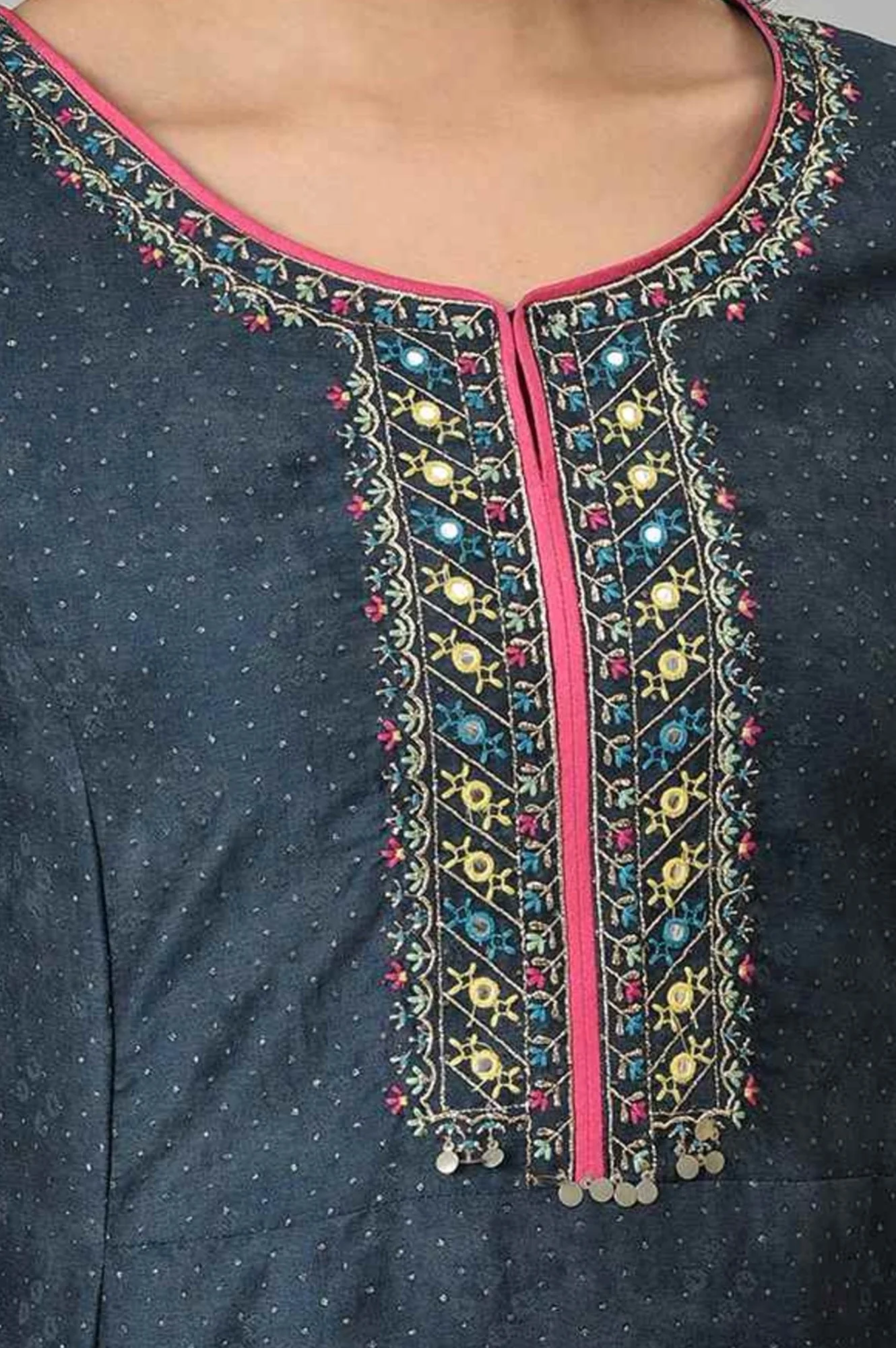 Blue Glitter Printed Embroidered Shantung A-line Kurta - Image 2