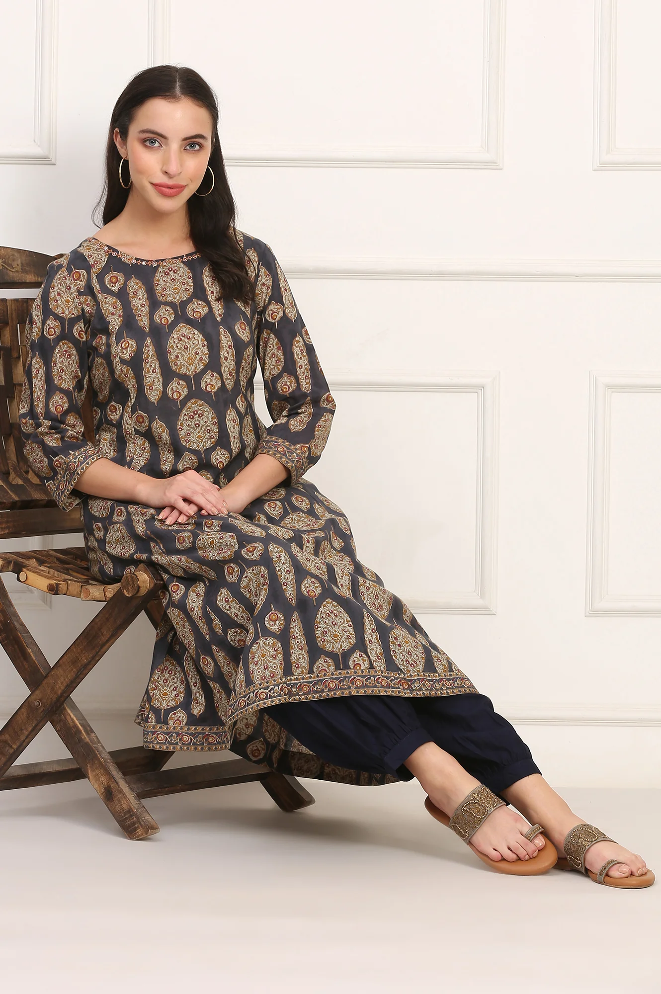 Blue Hand Block Floral Printed Mirror Work Pure Cotton Flared Kurta - Image 2