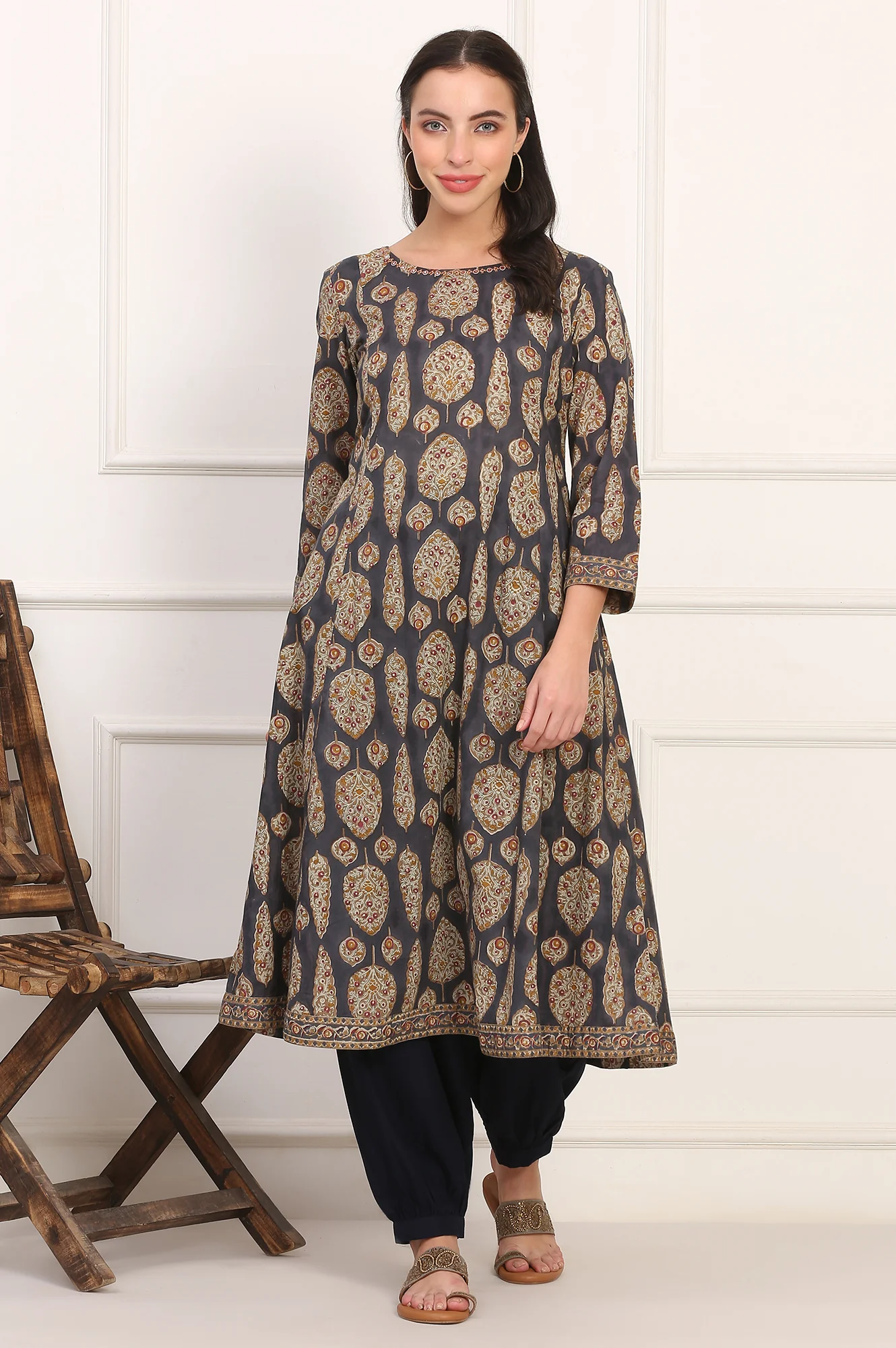Blue Hand Block Floral Printed Mirror Work Pure Cotton Flared Kurta - Image 3