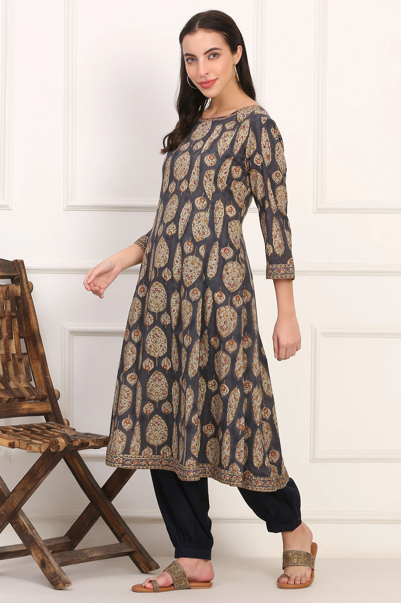 Blue Hand Block Floral Printed Mirror Work Pure Cotton Flared Kurta - Image 5