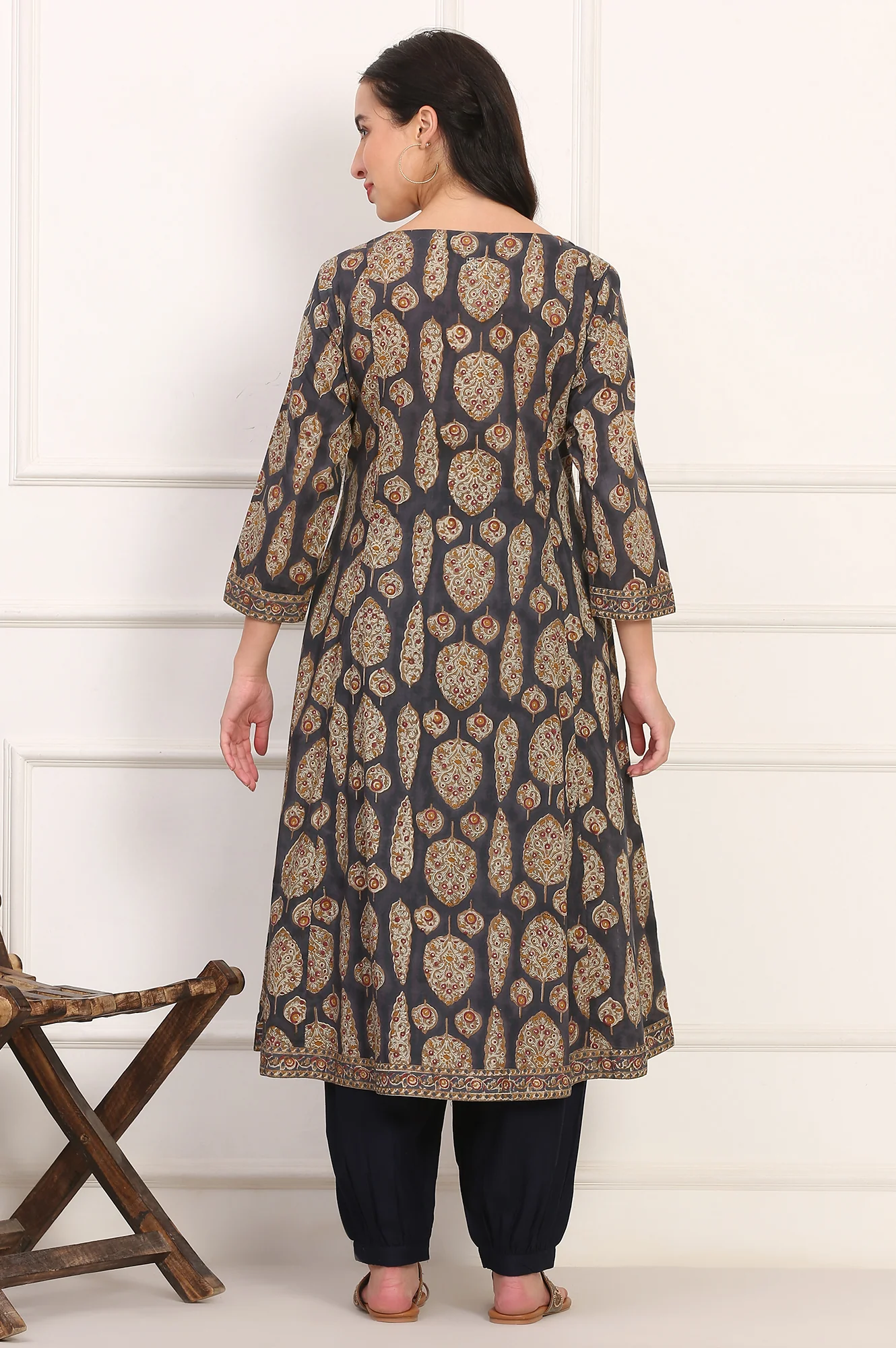 Blue Hand Block Floral Printed Mirror Work Pure Cotton Flared Kurta - Image 6
