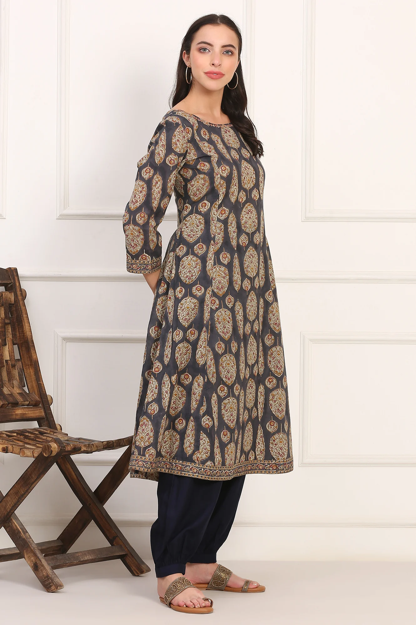 Blue Hand Block Floral Printed Mirror Work Pure Cotton Flared Kurta - Image 7