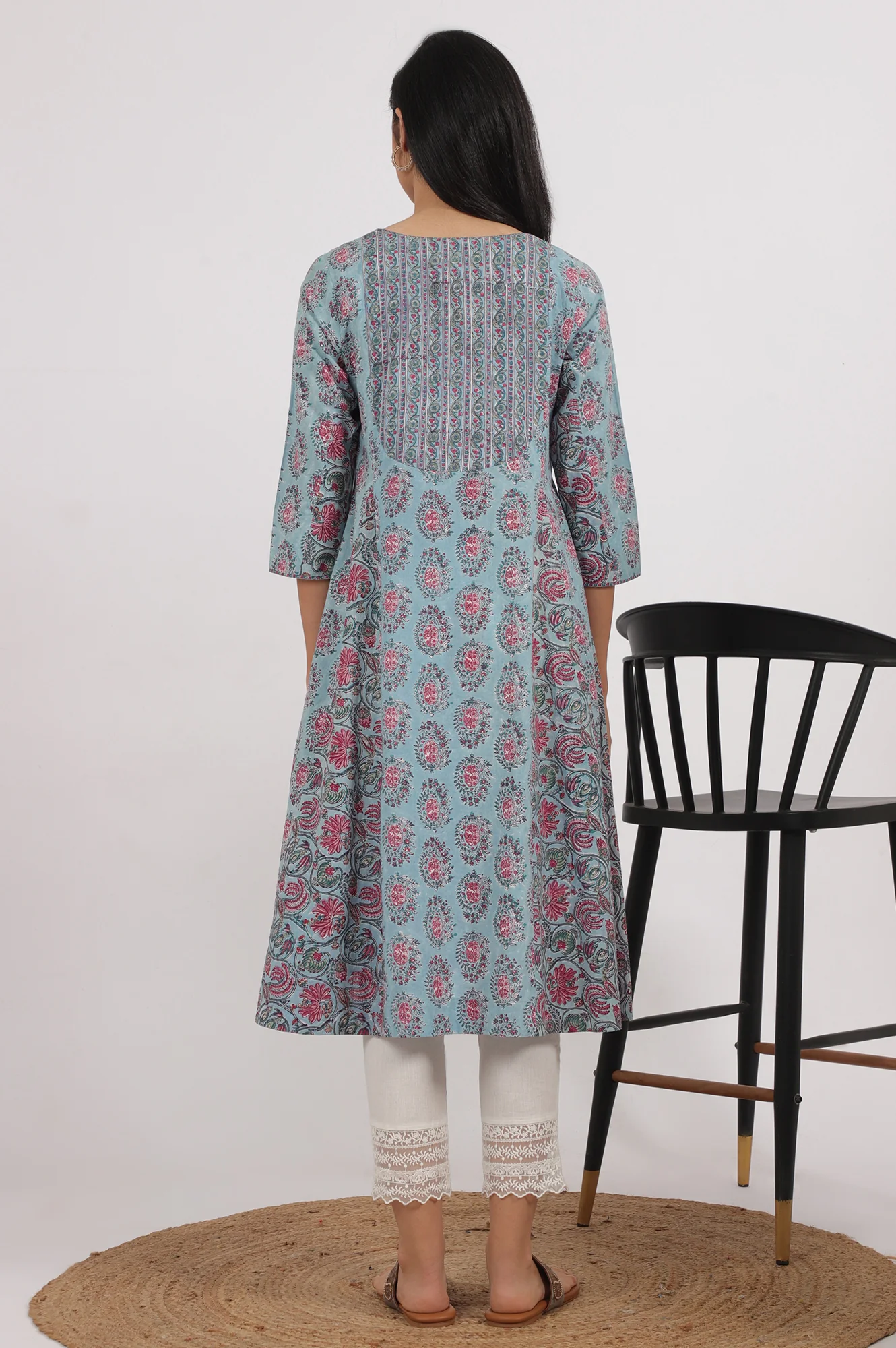 Blue Handblock Printed Flared Kurta in Fine Cotton - Image 6