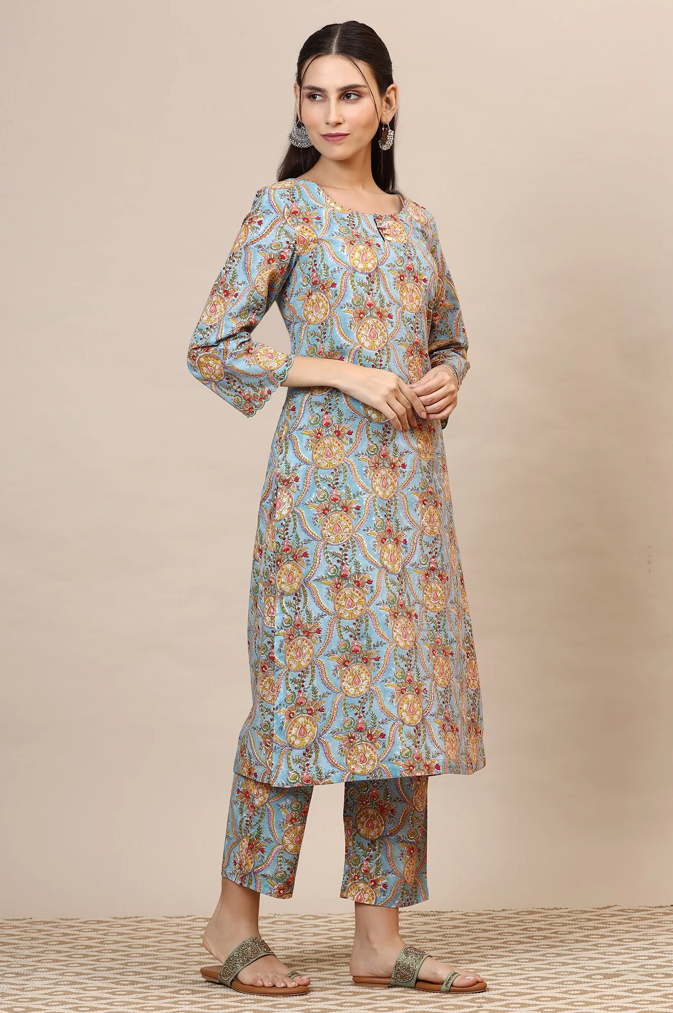 Blue Handblock Printed Kurta, Straight Pants and Dupatta Set - Image 6