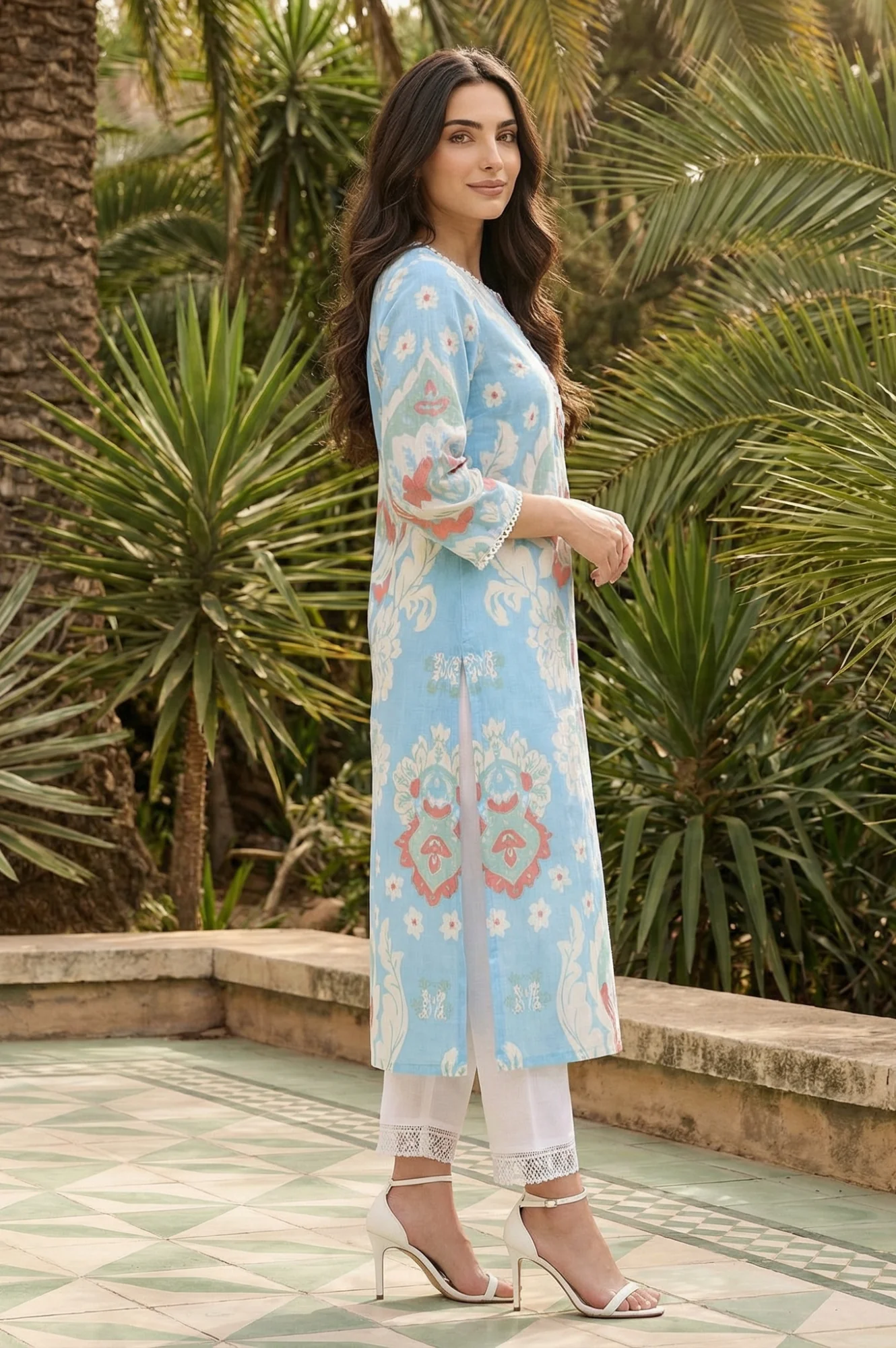 Blue Ikkat Lace Trim Straight Kurta - Image 5