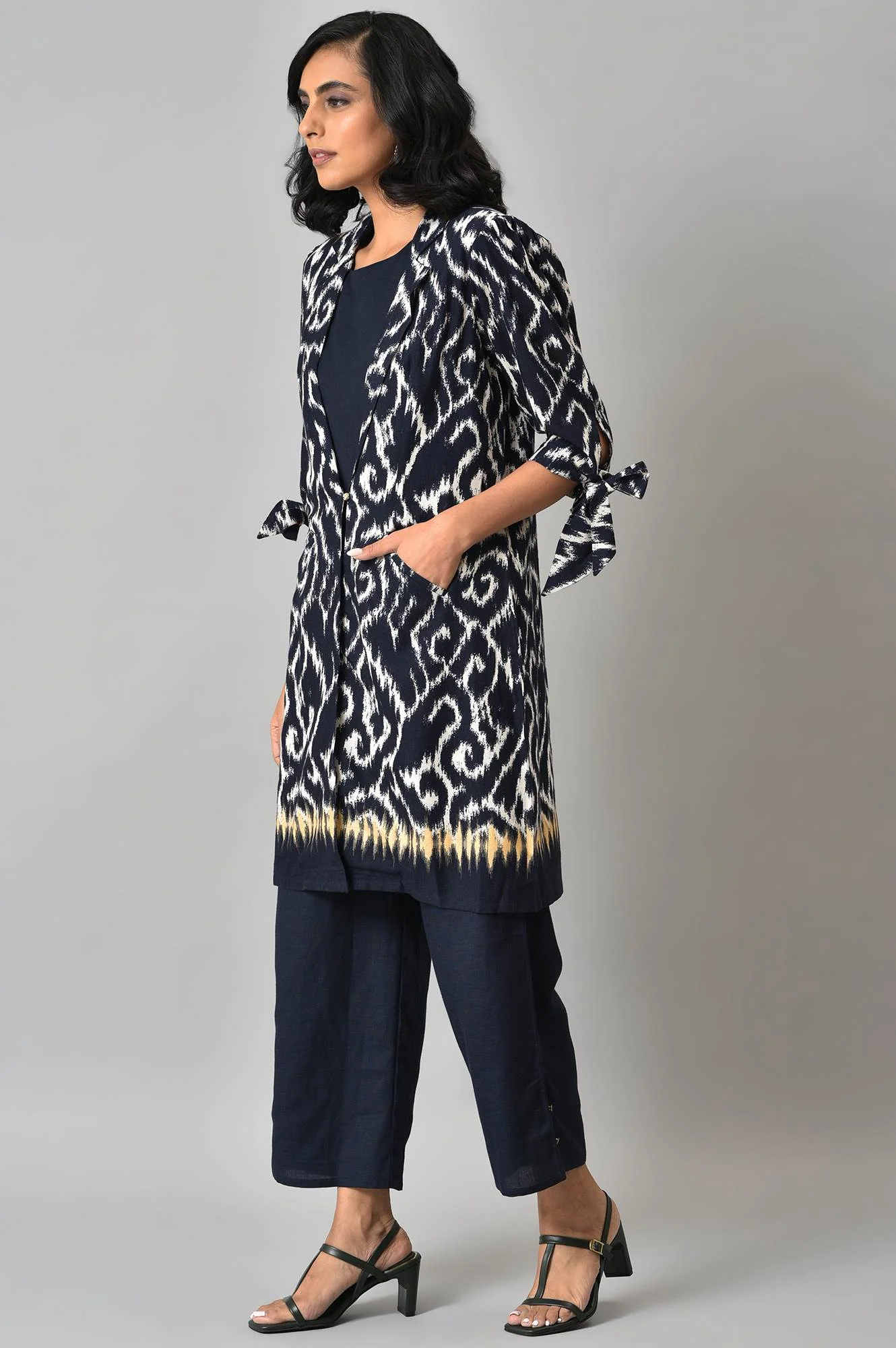 Blue Ikkat Printed Blaser with Top and Straight Pants Co-ord Set - Image 3