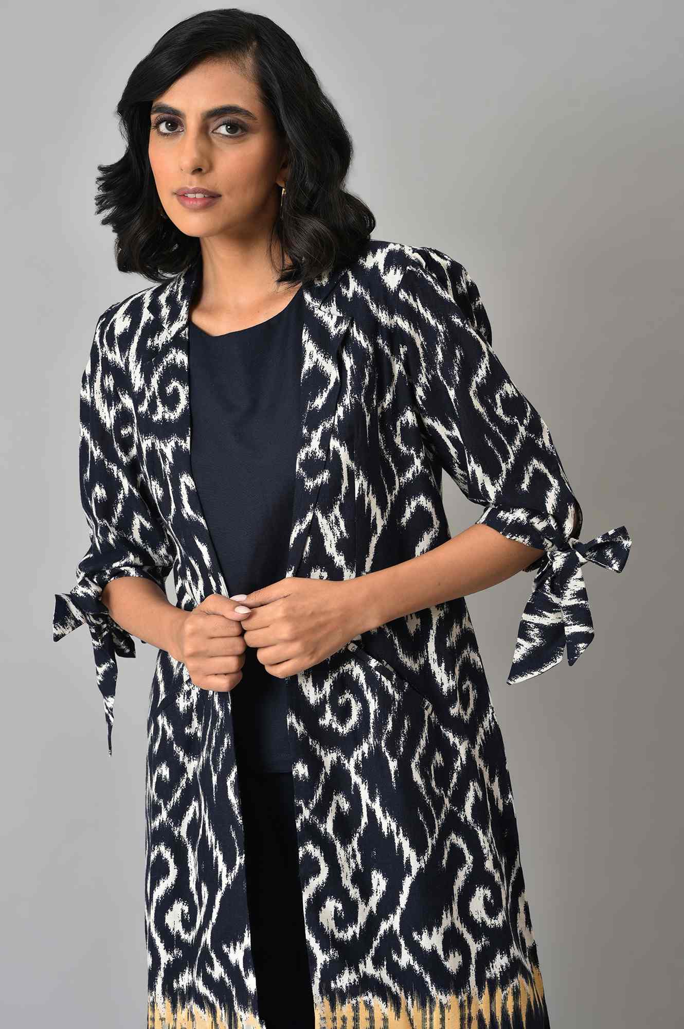Blue Ikkat Printed Blaser with Top and Straight Pants Co-ord Set - Image 5