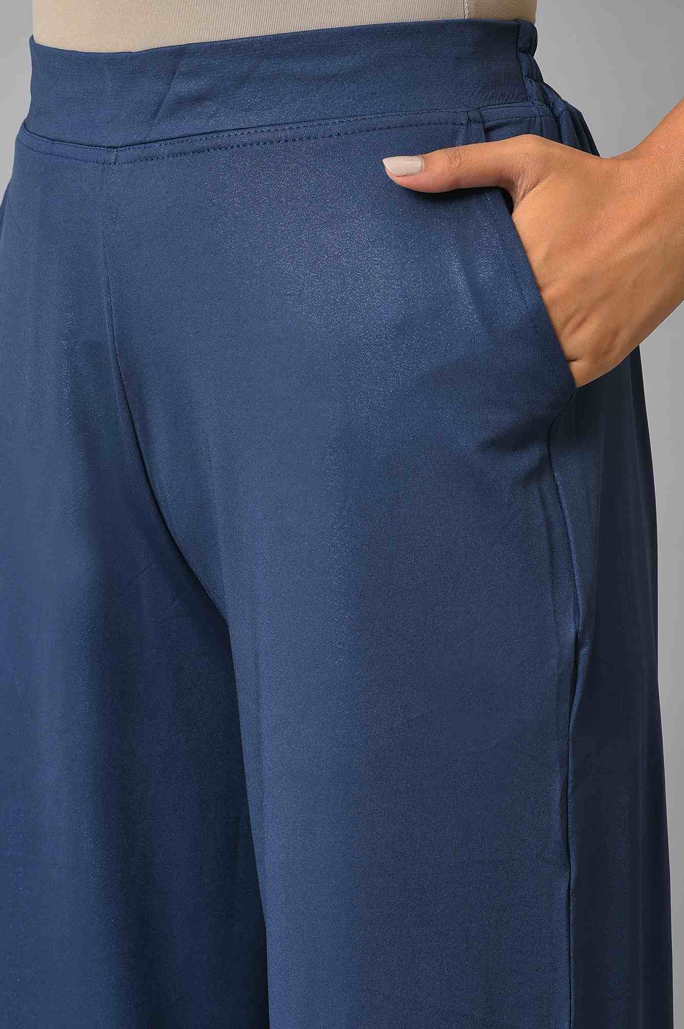 Blue Solid Straight Fit Palazzo With Side Pockets - Image 7