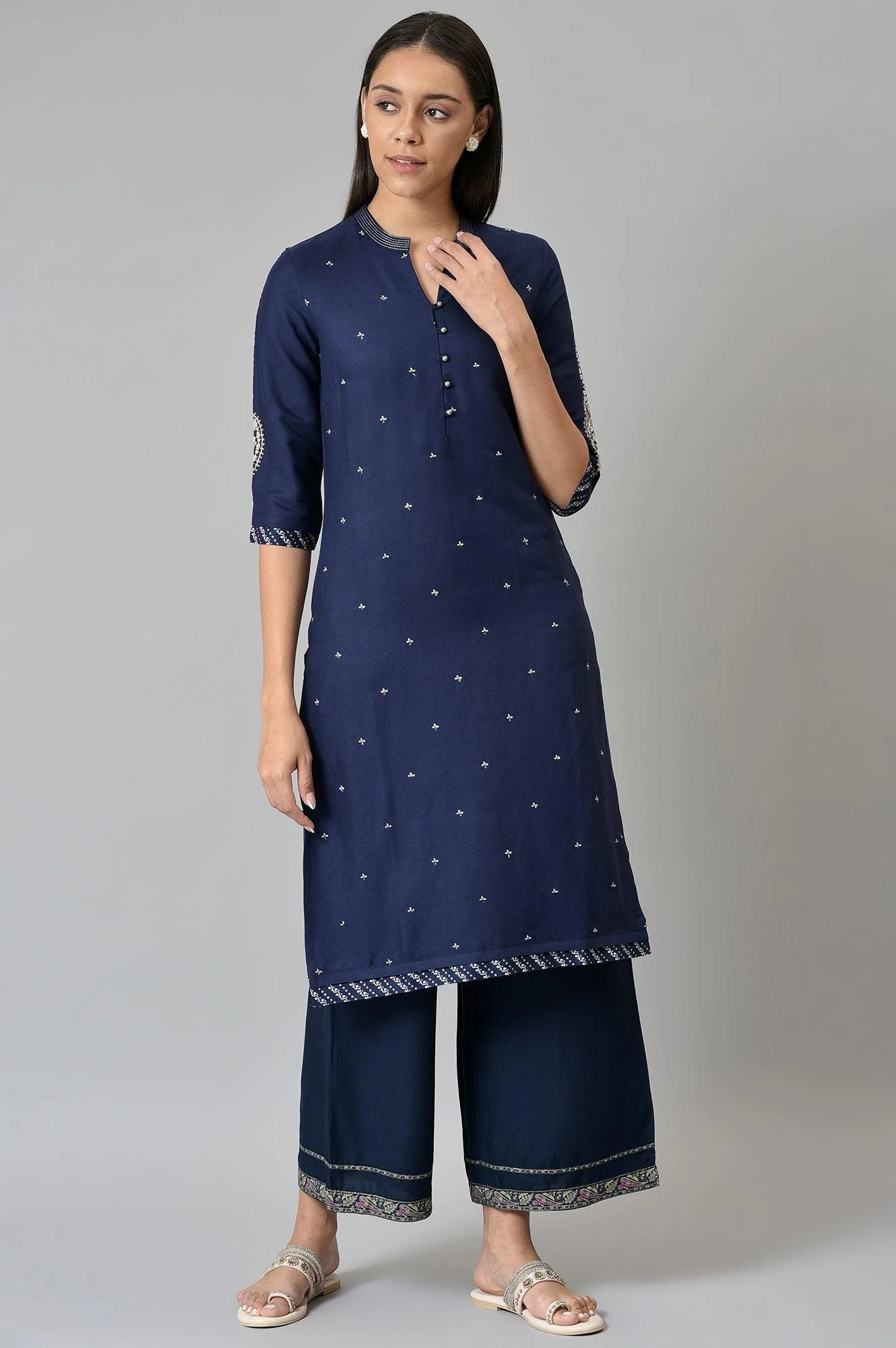 Blue Metallic Embroidered Button Down kurta