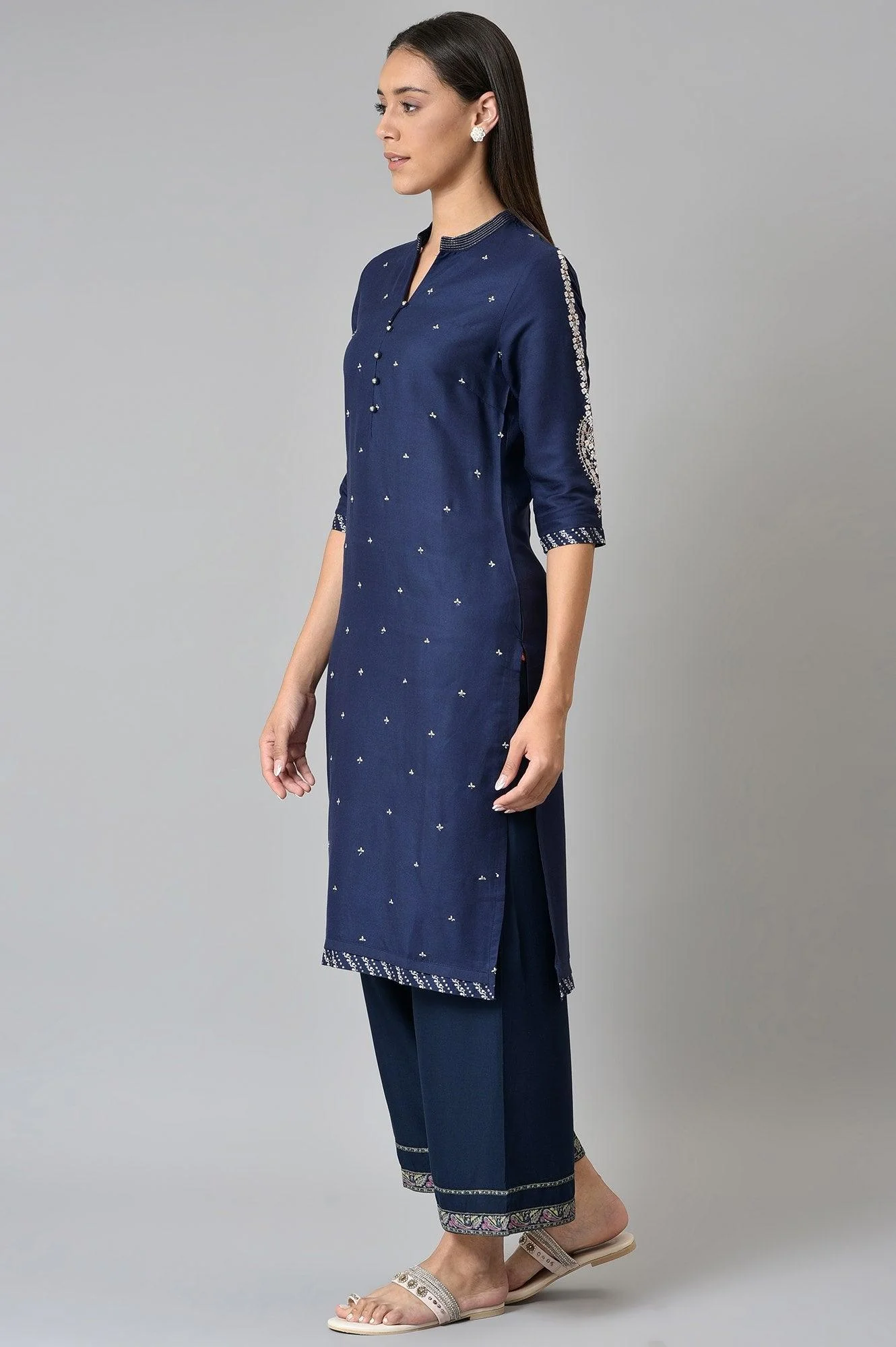 Blue Metallic Embroidered Button Down kurta - Image 3