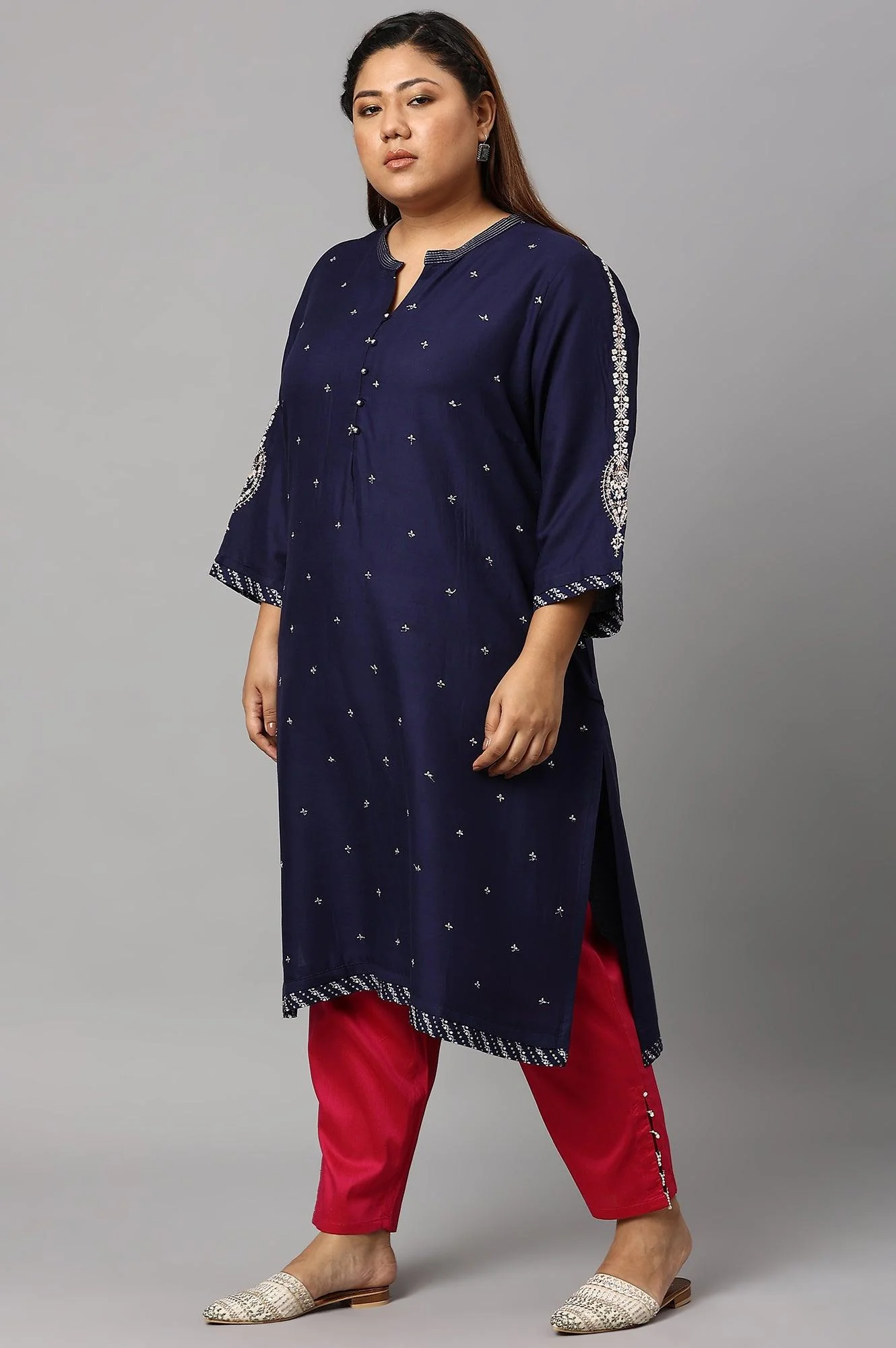 Blue Metallic Embroidered Button Down Plus Size kurta - Image 3