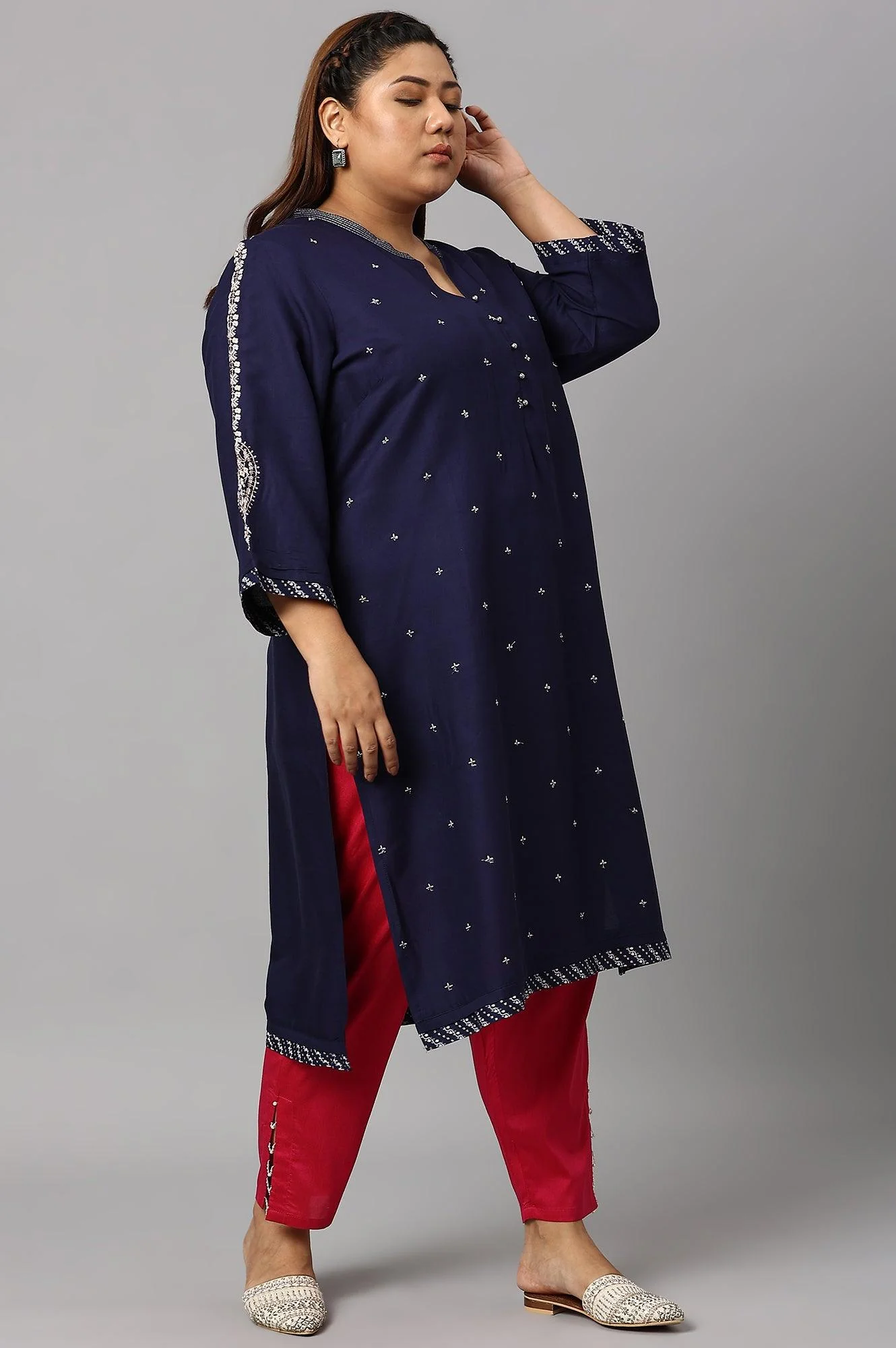 Blue Metallic Embroidered Button Down Plus Size kurta - Image 4