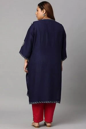 Blue Metallic Embroidered Button Down Plus Size kurta with Dark Pink Slim Pants - Image 2